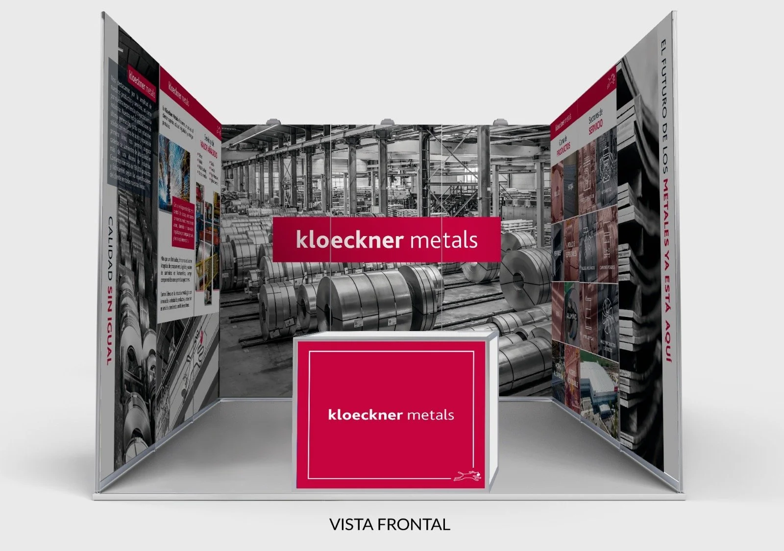 Trade show booth for Kloeckner Metals with metal coils and factory images in the background.