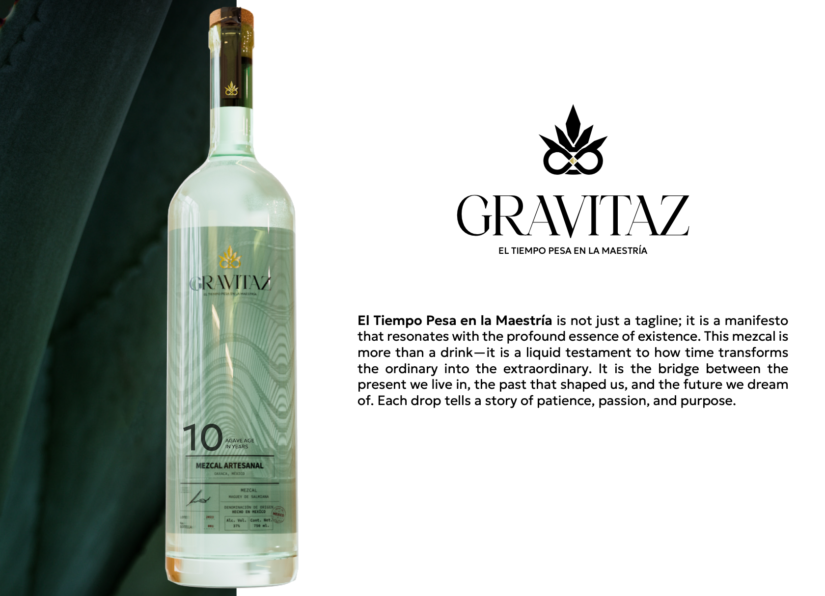 A tall, clear glass bottle of Gravtaz mezcal with a label indicating 10 years of agave age, next to a text description about the brand and its philosophy.