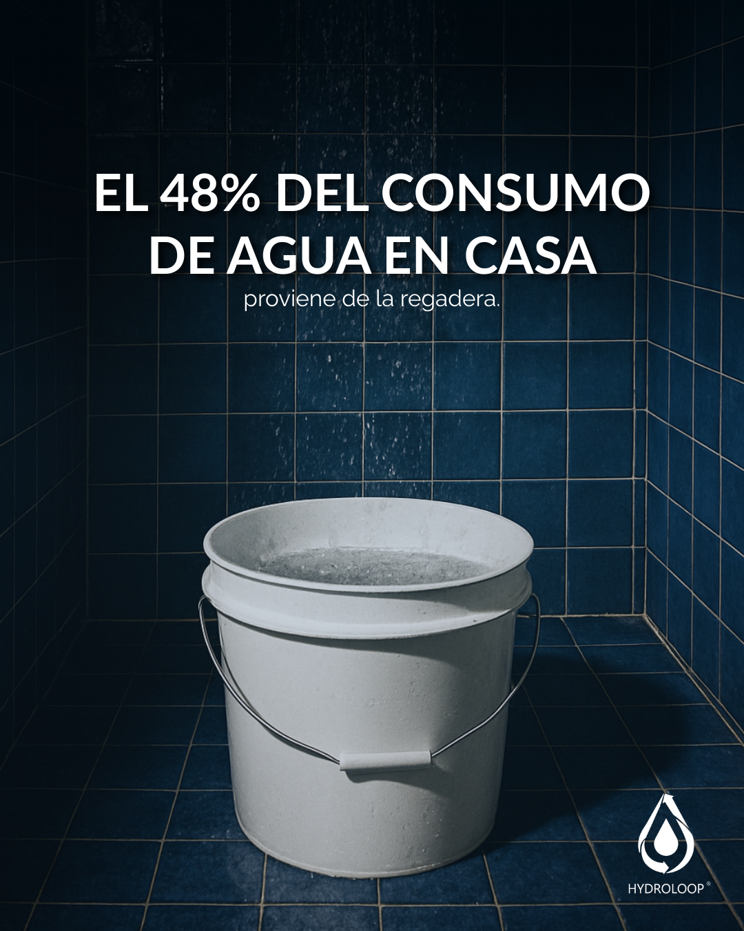 A white bucket filled with water in a blue tiled shower, with water dropping from the showerhead. Overlaid text in Spanish states that 48% of household water consumption comes from the shower.