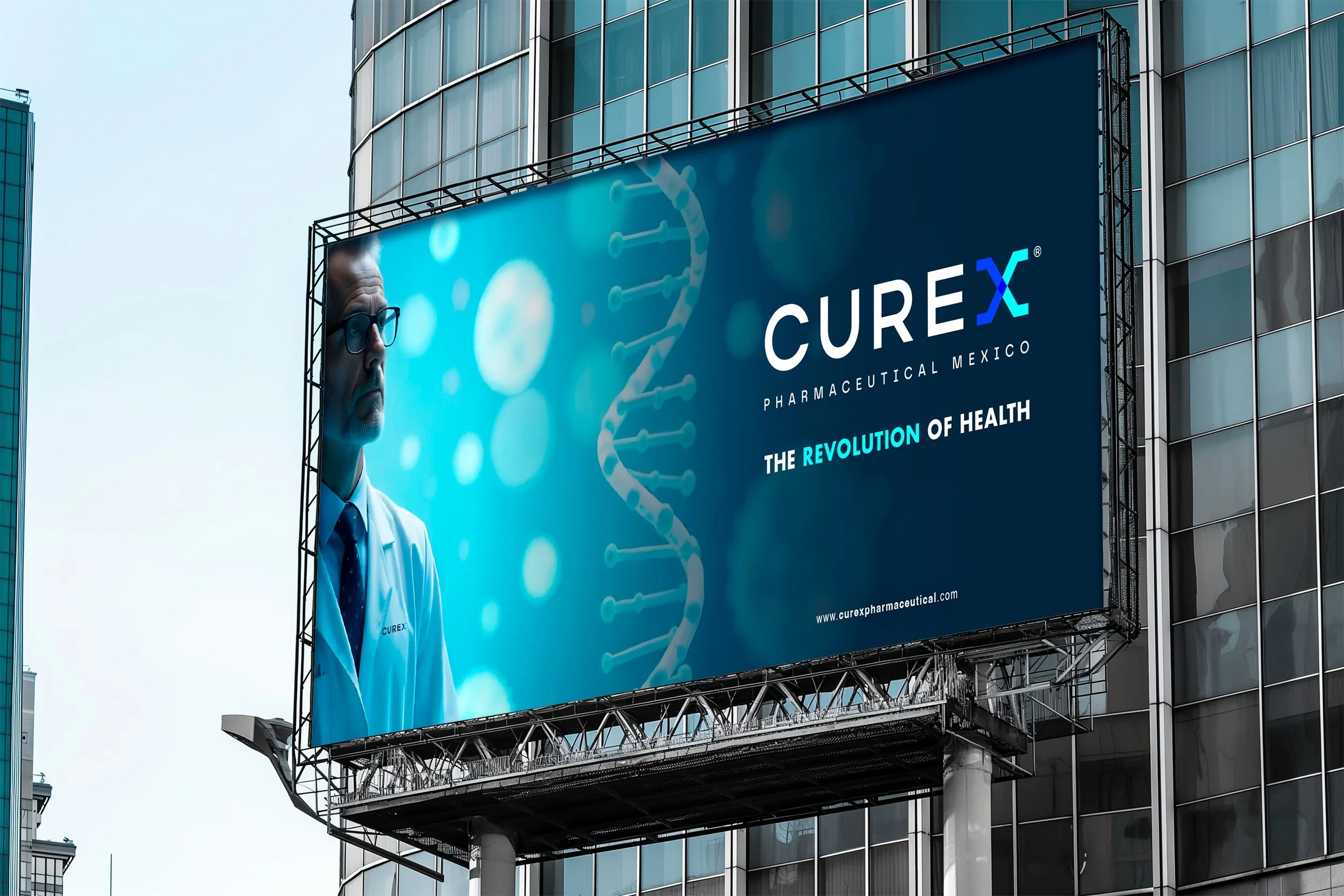 Large billboard in an urban setting promoting CUREX Pharmaceutical Mexico with a background of DNA strand and scientific imagery, featuring a scientist in a lab coat and glasses.