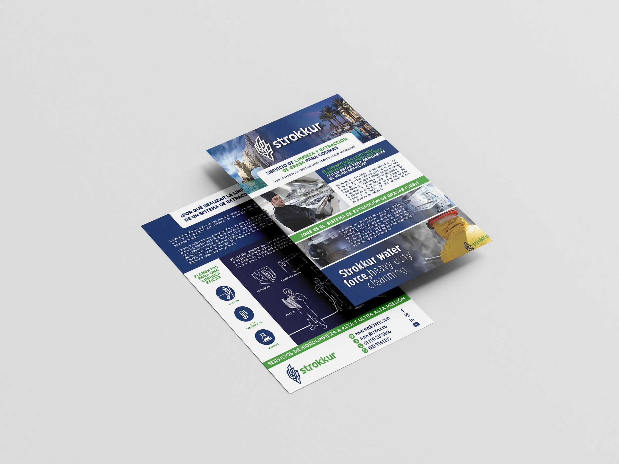 Brochure for StrokkuR water force heavy-duty cleaning with images of a worker in yellow protective gear, a man in a dark shirt, and a coastal scene with palm trees and mountains.