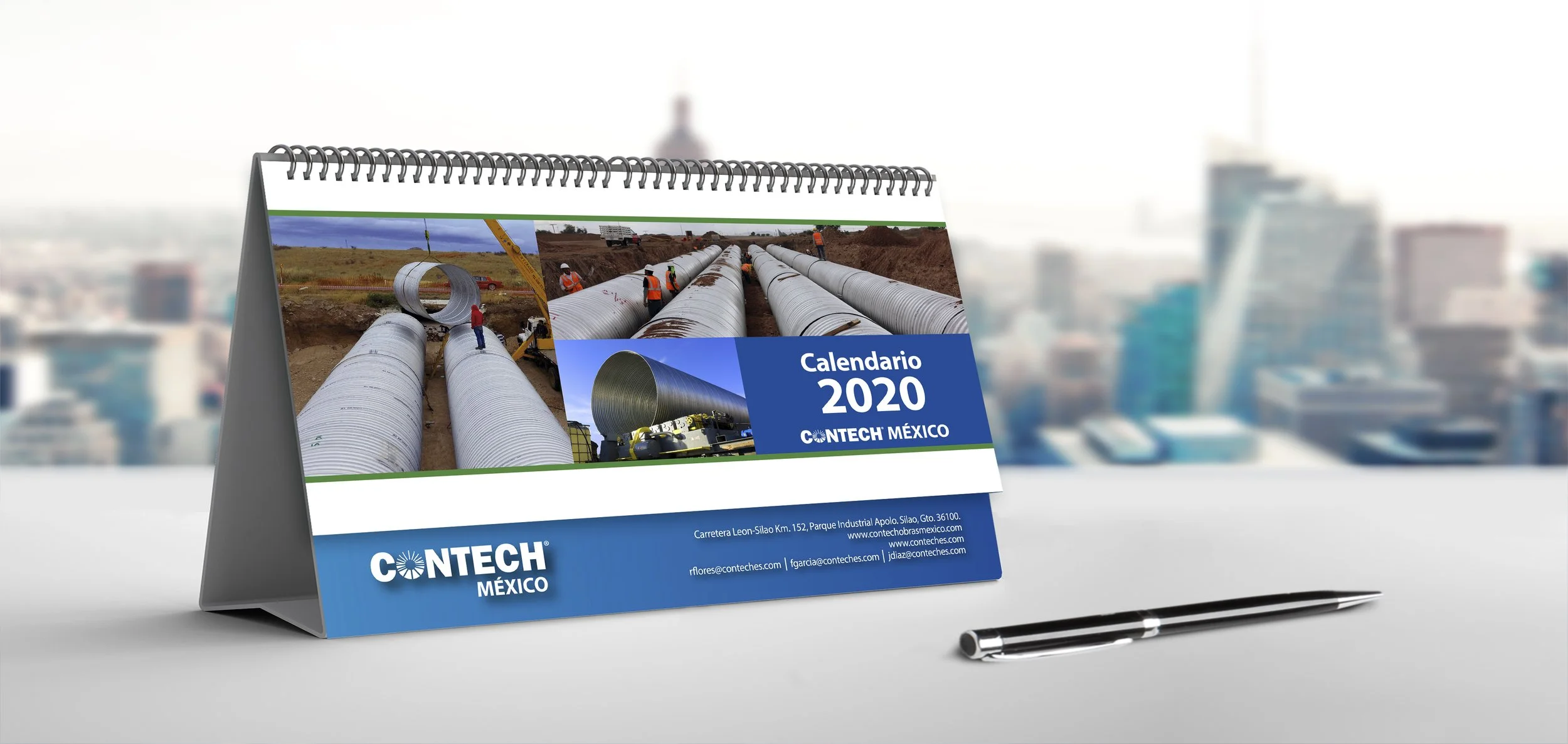 2020 CONTECH Mexico desk calendar featuring images of construction workers installing large pipes at a construction site, with contact information at the bottom.