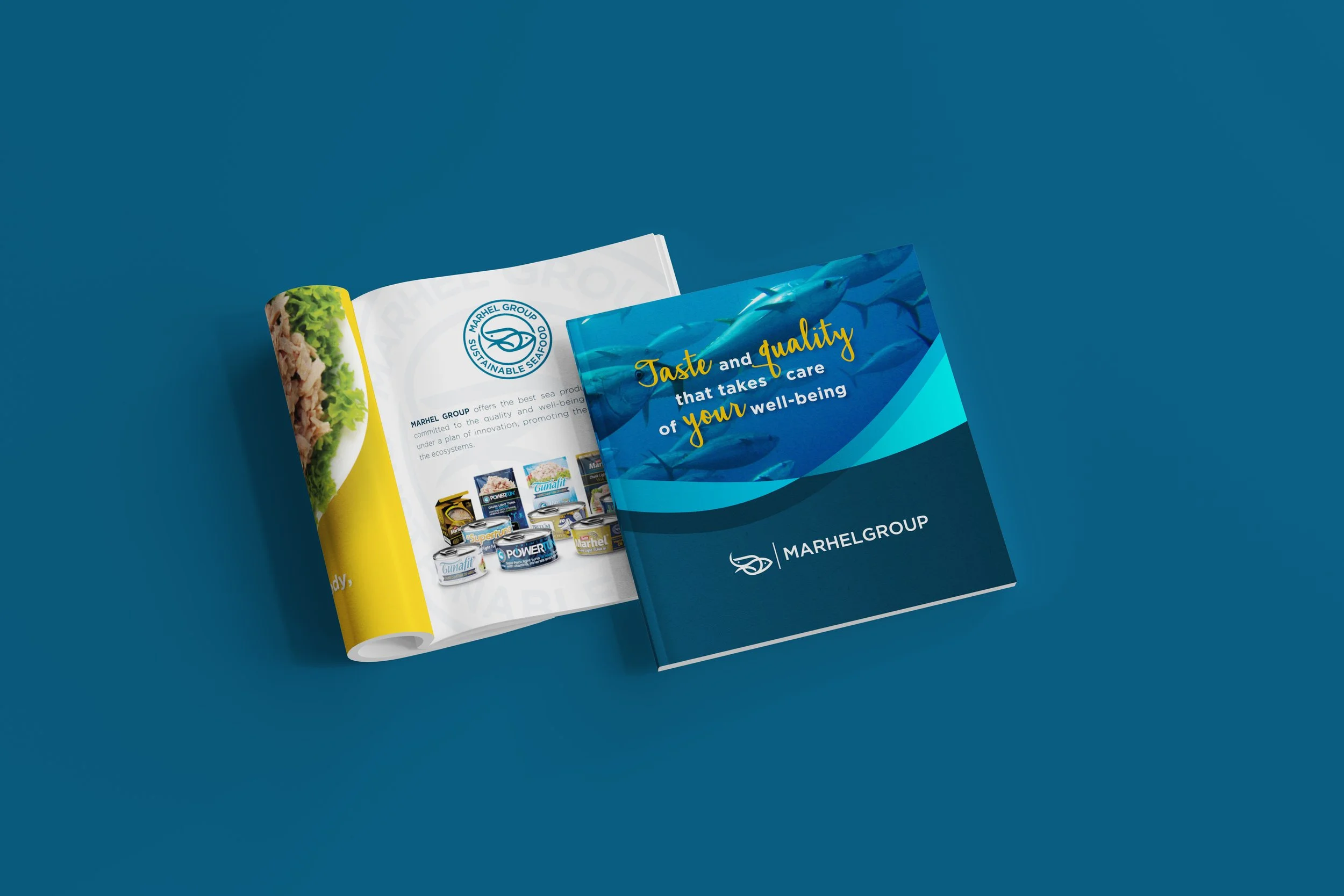 Brochure and booklet for Marhel Group featuring seafood products with the slogan 'Taste and quality that takes care of your well-being'.