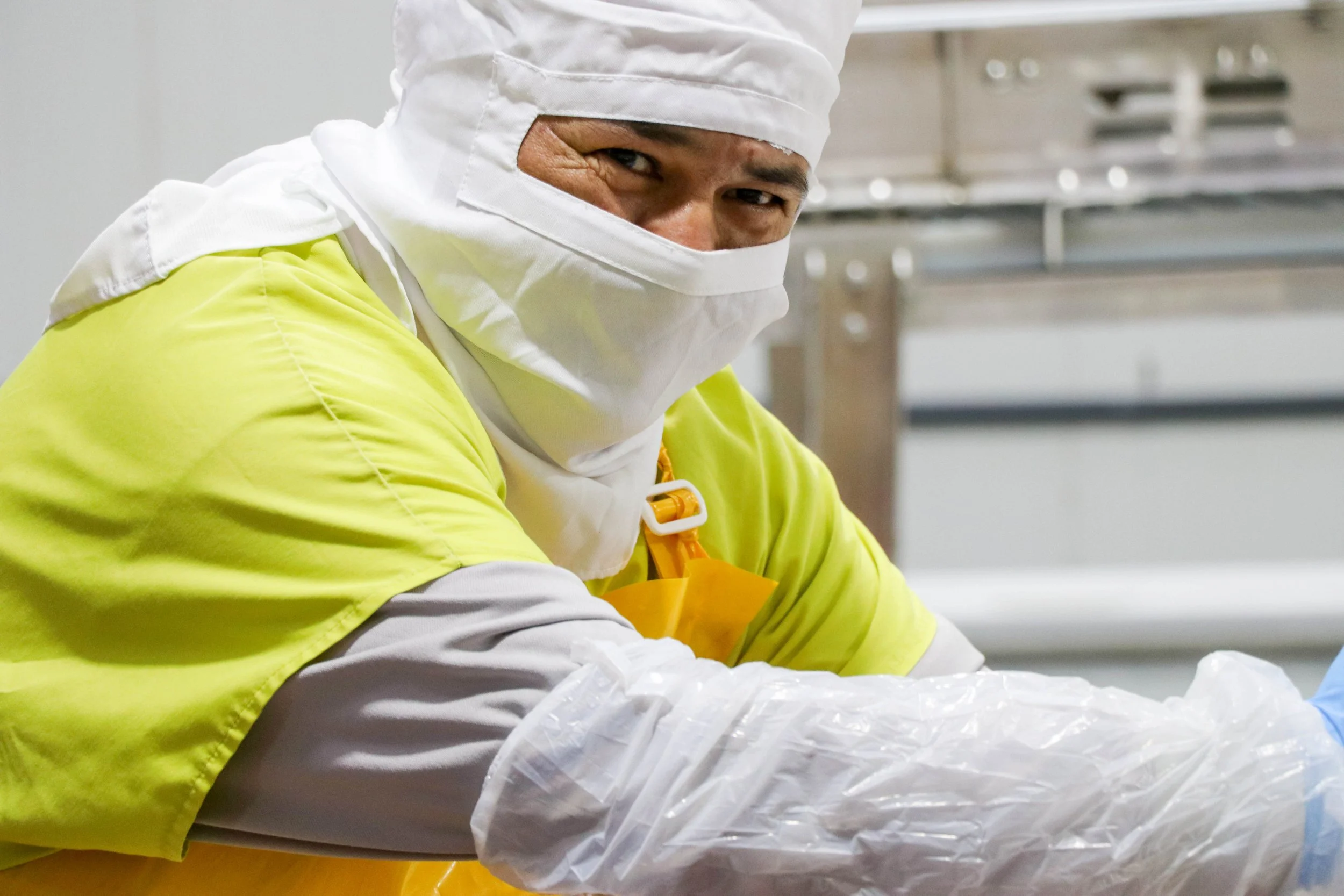 A worker in protective clothing, including a white hood, face mask, and yellow safety vest, working in a clean environment.