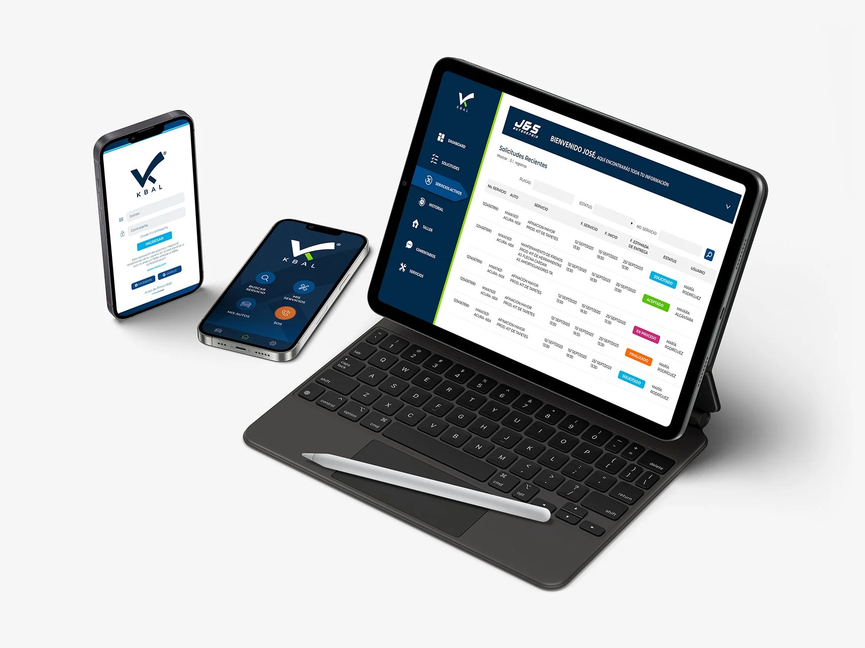 Multiple digital devices displaying the KBAL platform: a smartphone, a tablet, and a laptop with a stylus. The screens show the KBAL interface including login and request management pages.