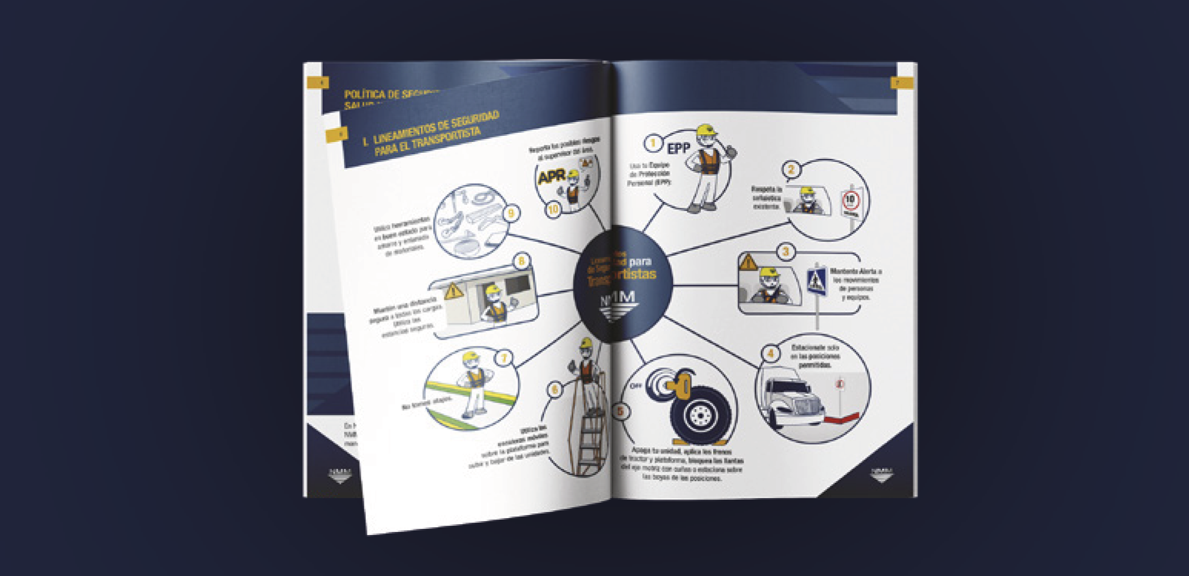 Open safety guideline booklet in Spanish, featuring illustrations and numbered steps related to transportation safety regulations.