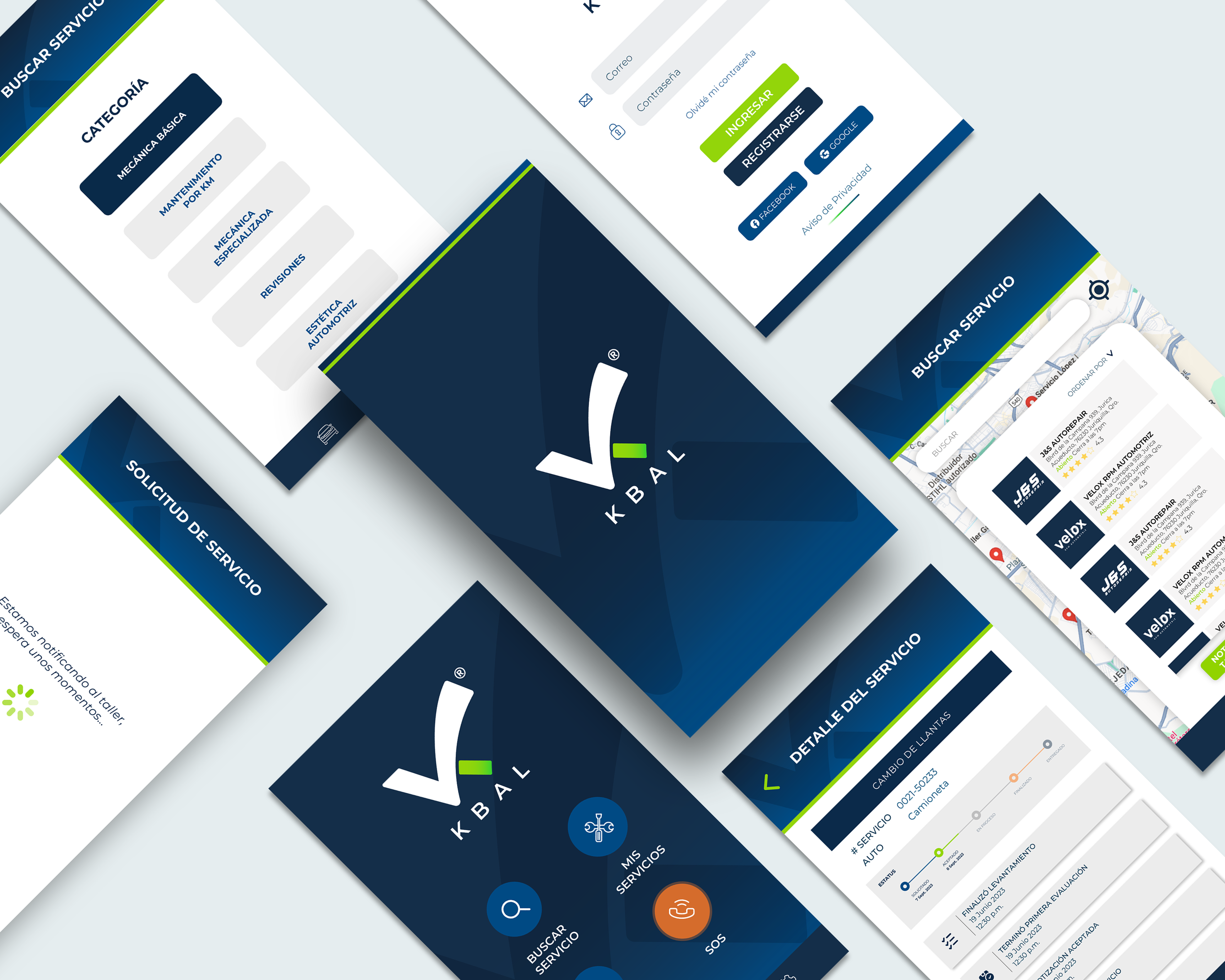 Collection of mobile app screens for a vehicle service app called KBAL, showing service categories, login and registration pages, service request, map view, and service detail screens.