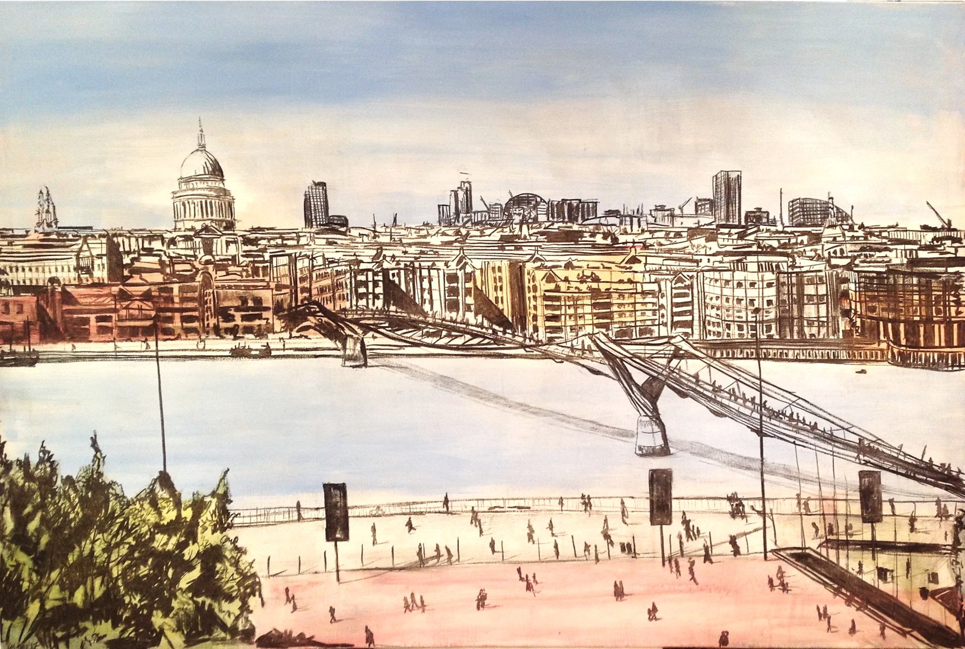Mixed Media, acrylic and charcoal on canvas, City of London skyline from Tate Modern, with the Thames River, Millennium Bridge and the dome of St. Paul's Cathedral, in the background.