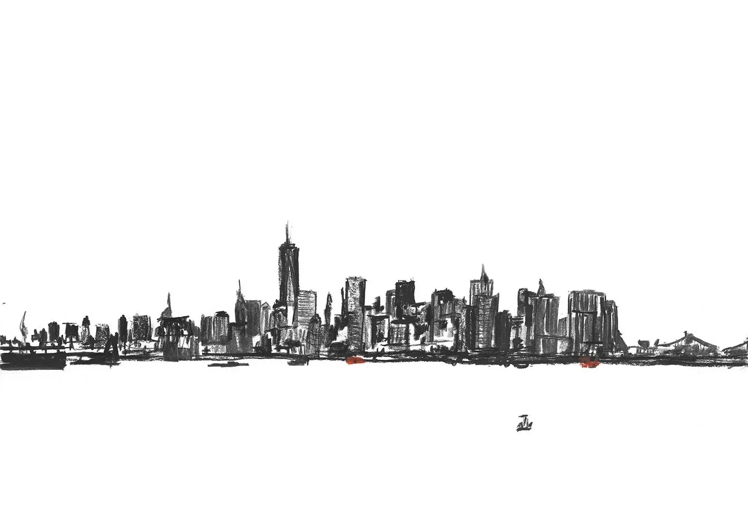 Charcoal on Paper, Manhattan from Staten Island, with NYC skyline, Brooklyn Bridge and two dots of colour representing the Staten Island ferries. 