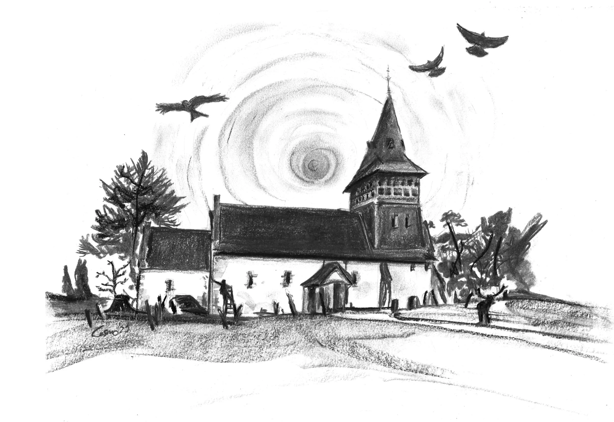 A black and white drawing of a church with a tall steeple, trees around it, and birds flying above. The sky has a large circular source of light or sun, creating a swirled shading effect.
