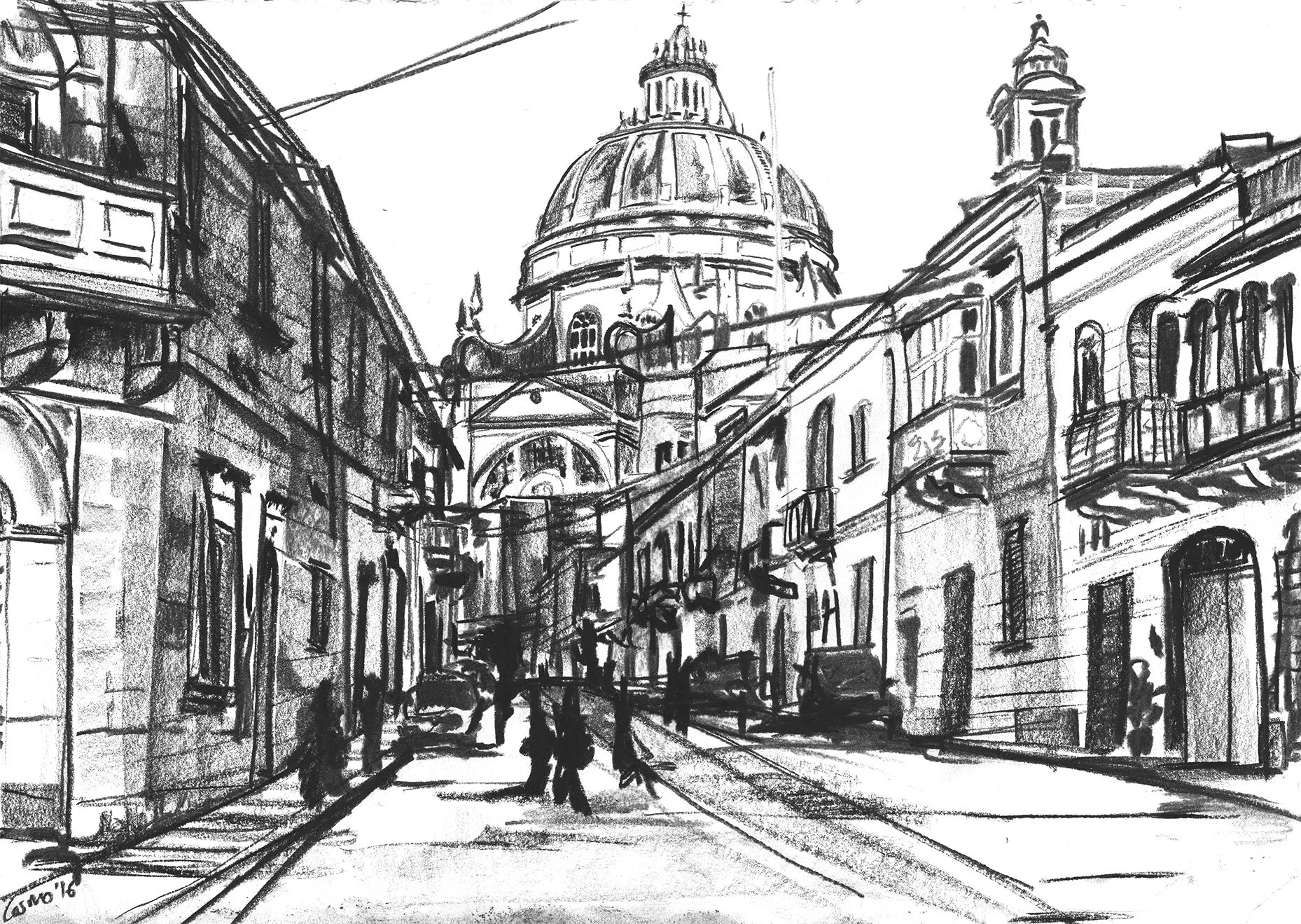 Black and white sketch of a city street with a large domed building in the background, pedestrians walking on the street, and cars parked along the sides.