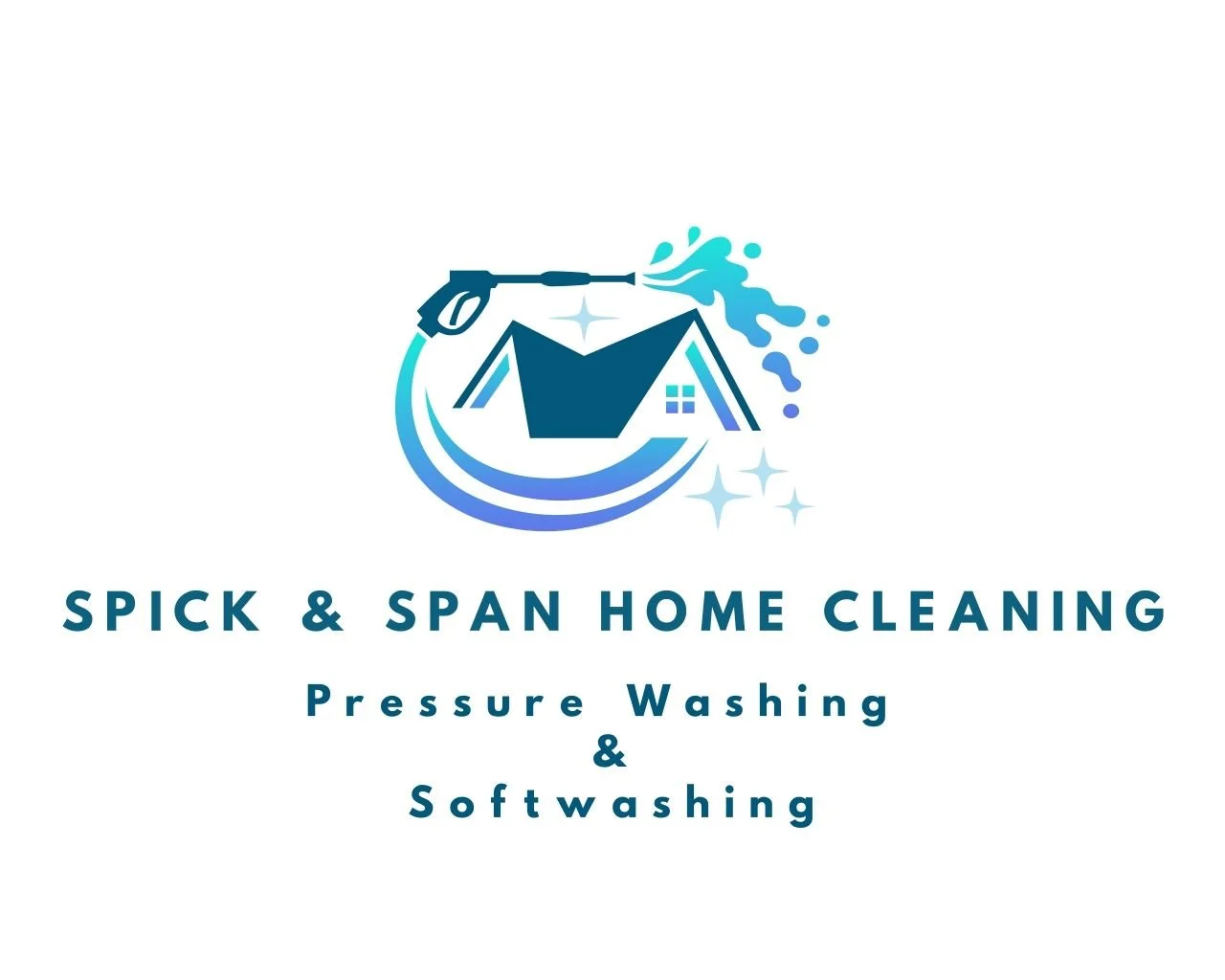 Logo for Spick & Span Home Cleaning featuring a house with a spray wand and water splash, with text promoting pressure and soft washing services.