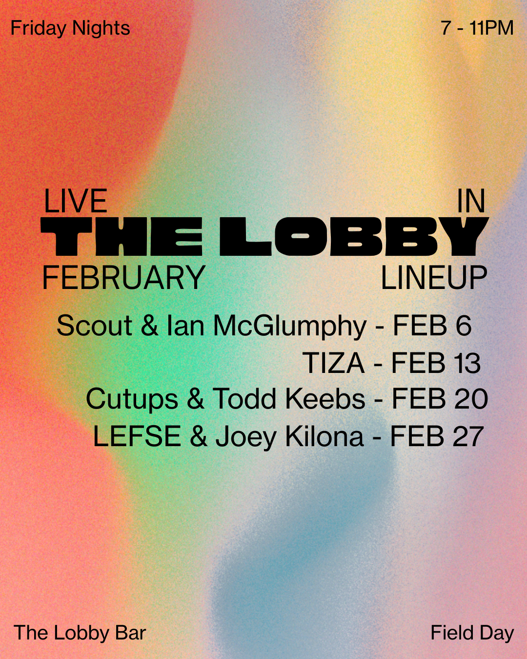 Event poster for a live music performance featuring Malzof & Maitake at The Lobby Bar on December 5th from 7 to 11 pm, with an image of a DJ setup and a person standing next to it.