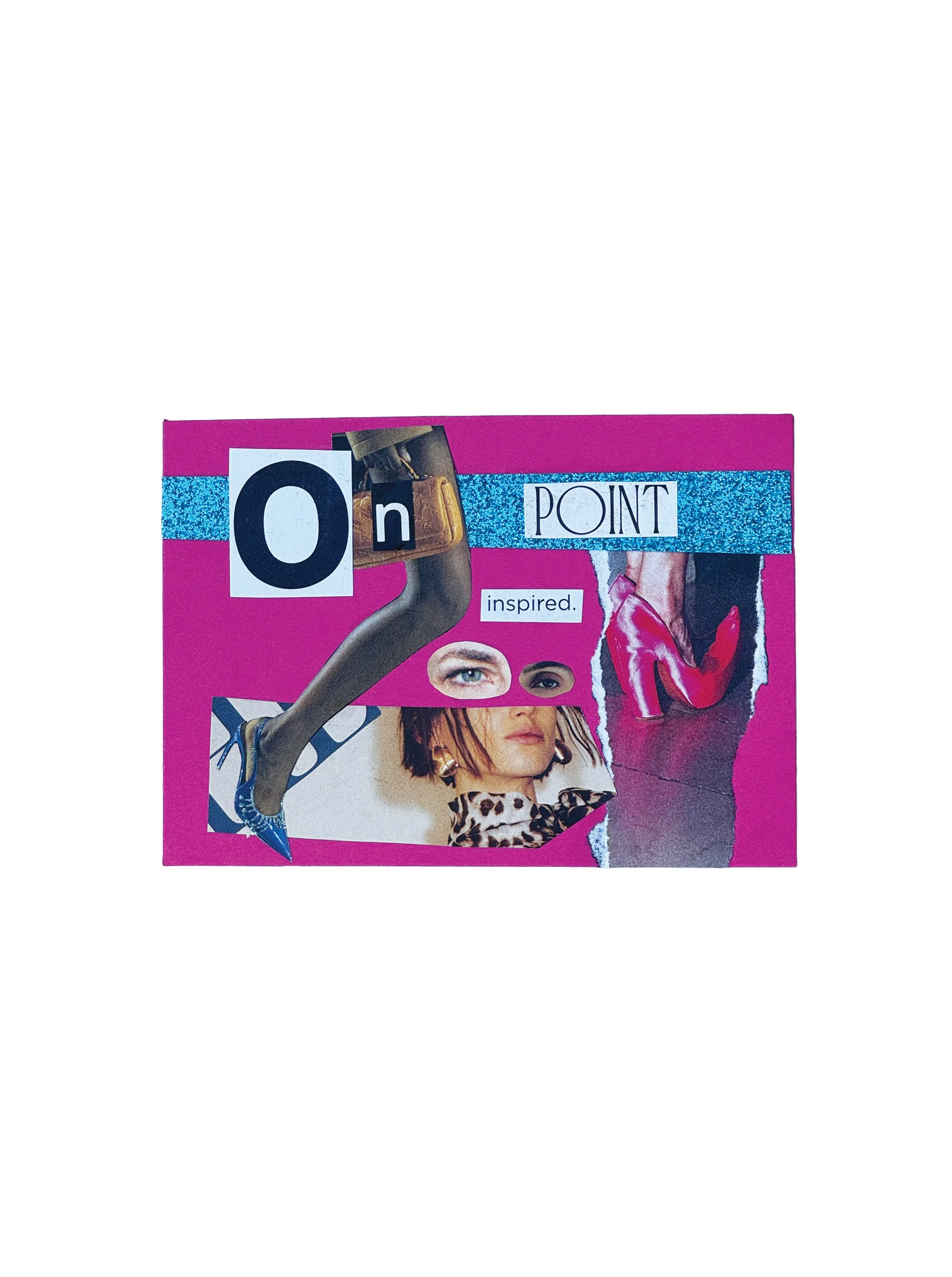 A collage-style image with a bright pink background, featuring cutouts of a person lifting their leg, a woman with short hair and earrings, and wearing bold makeup, along with various text elements including the word "POINT" and partial words.