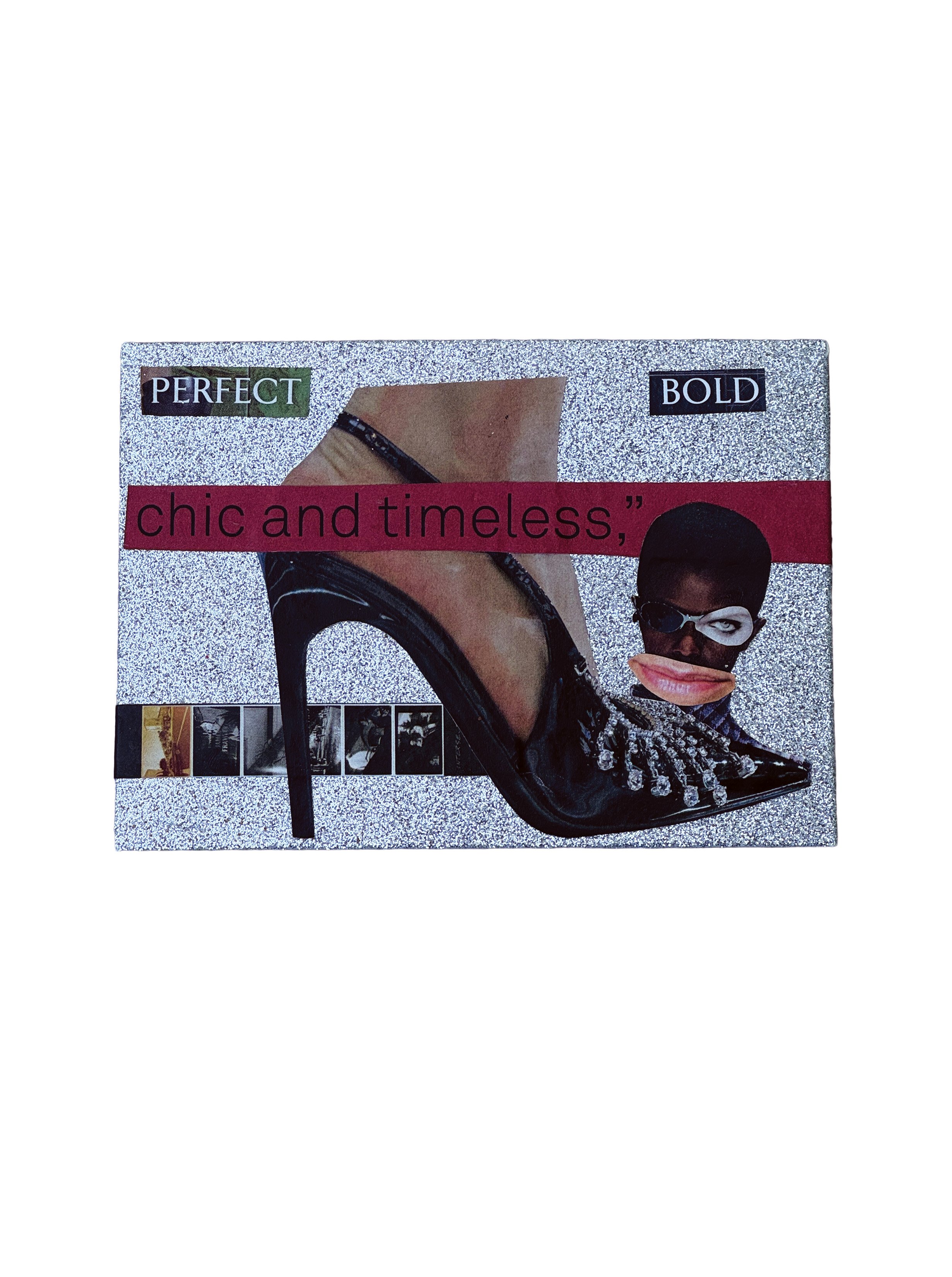 Magazine cover featuring a woman in high heels, black dress, and jewelry, with bold text reading 'PERFECT BOLD' and a red banner with the quote 'chic and timeless.'