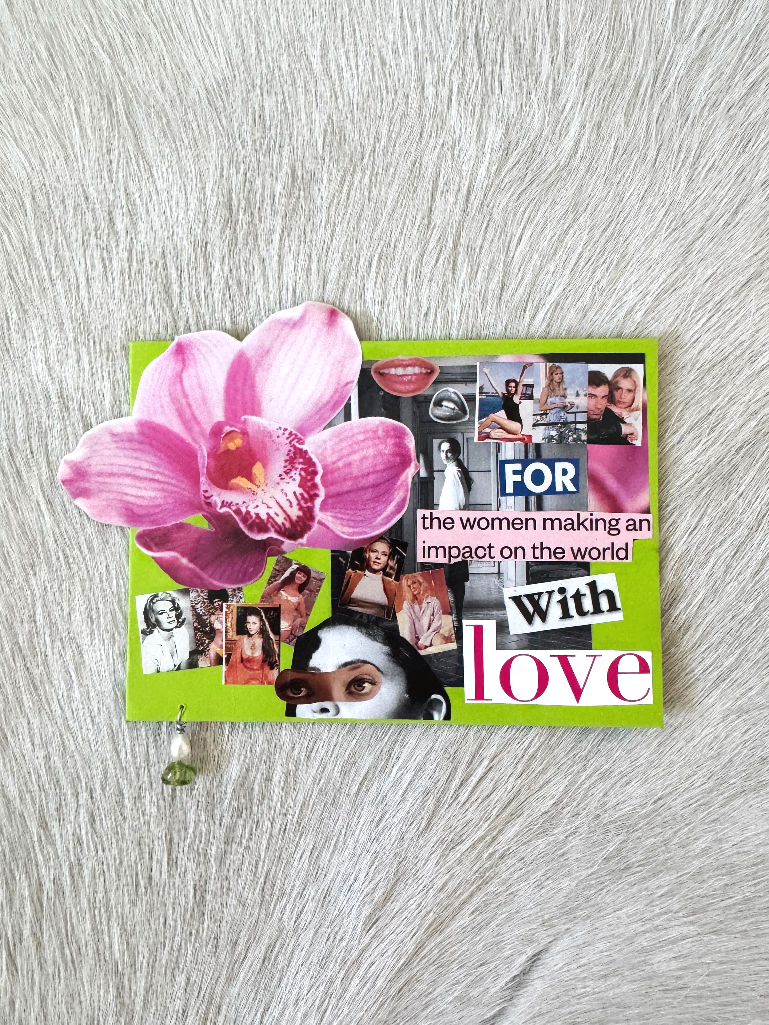 Collage on a lime green background featuring a large pink orchid flower, black and white photos of women, a woman in a black dress stretching, and text that reads 'FOR the women making an impact on the world with love.'