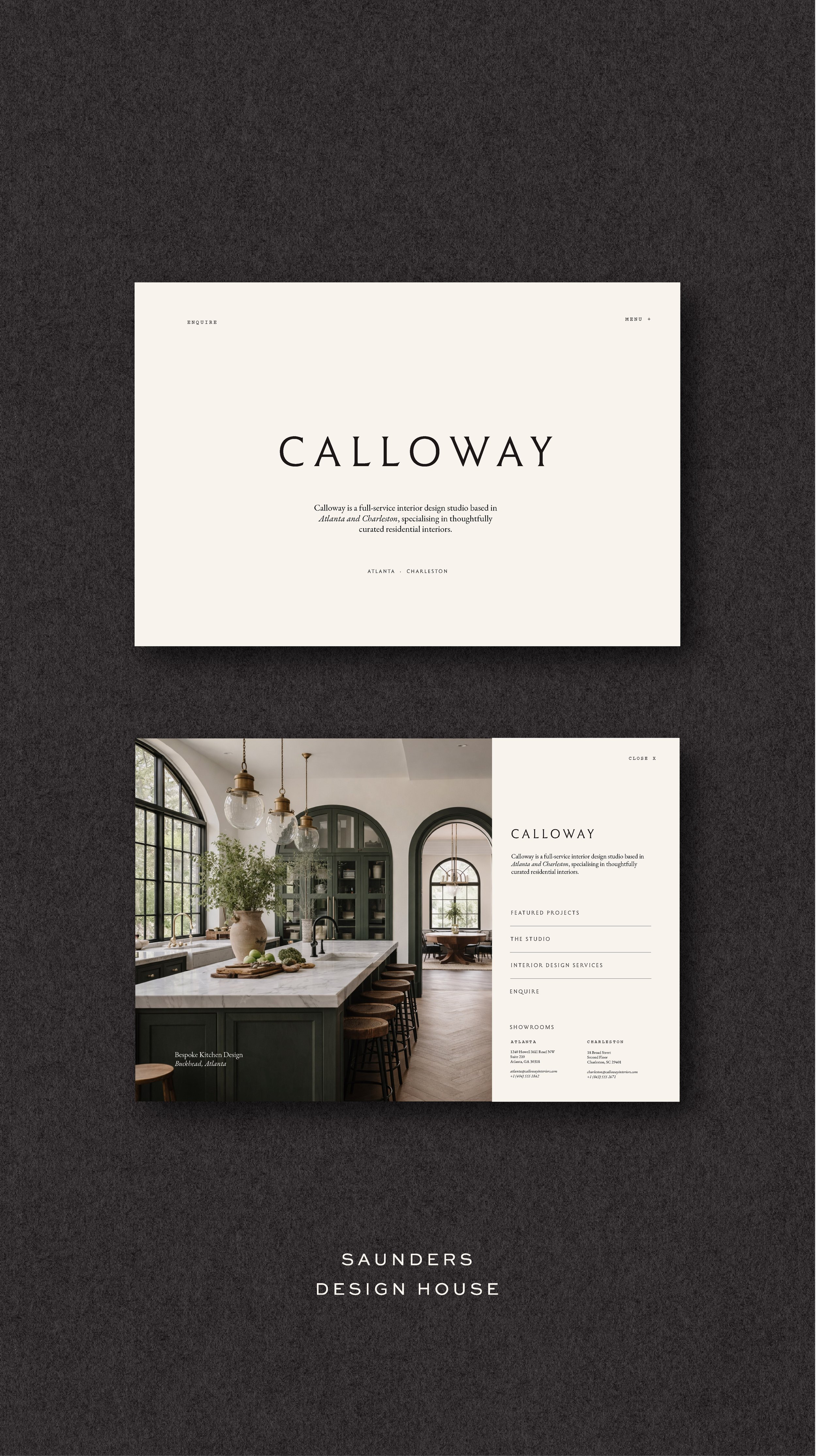 A digital presentation of two interior design brochures for Calloway, a design studio based in Atlanta and Charleston, featuring an elegant white cover and an interior shot of a modern kitchen with large arched windows, pendant lighting, and green cabinetry.