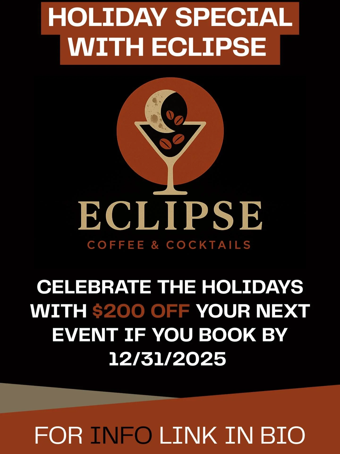 ✨ Holiday Special! ✨
Celebrate the season with Eclipse Coffee &amp; Cocktails Book your event by 12/31/25 and get $200 OFF your package.
Choose coffee, cocktails, or both. 
Weddings, parties, corporate events, bridal showers&hellip; we bring the full