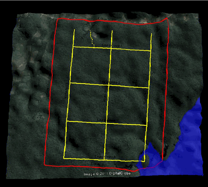 An animated map of an area with yellow trails and a red outline surrounding the property. A blue water body is visible on the right side of the map.