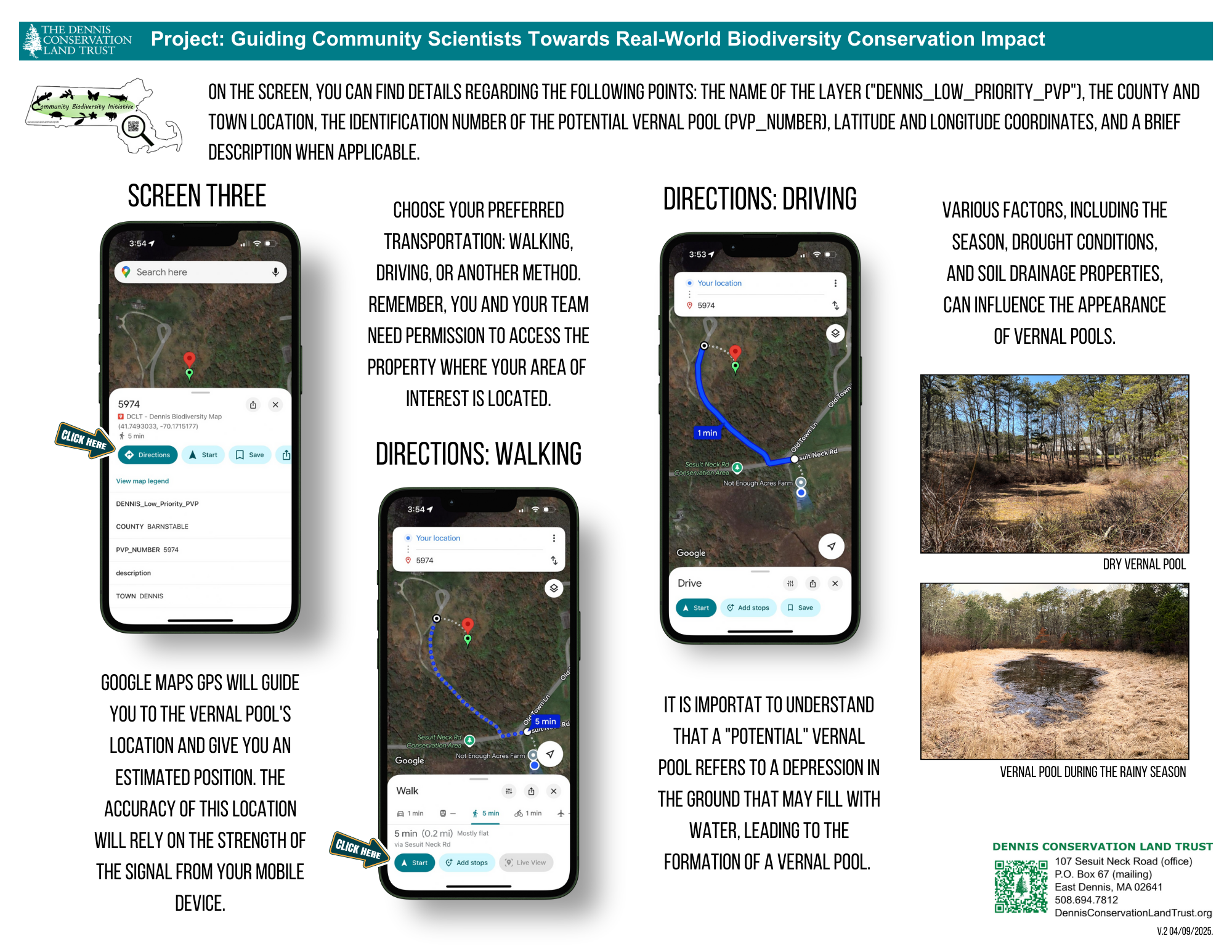 A tutorial detailing the steps to guide community scientists to vernal pools, including instructions for using Google Maps GPS for navigation and factors influencing vernal pools' appearance, with images of dry and rainy season vernal pools.