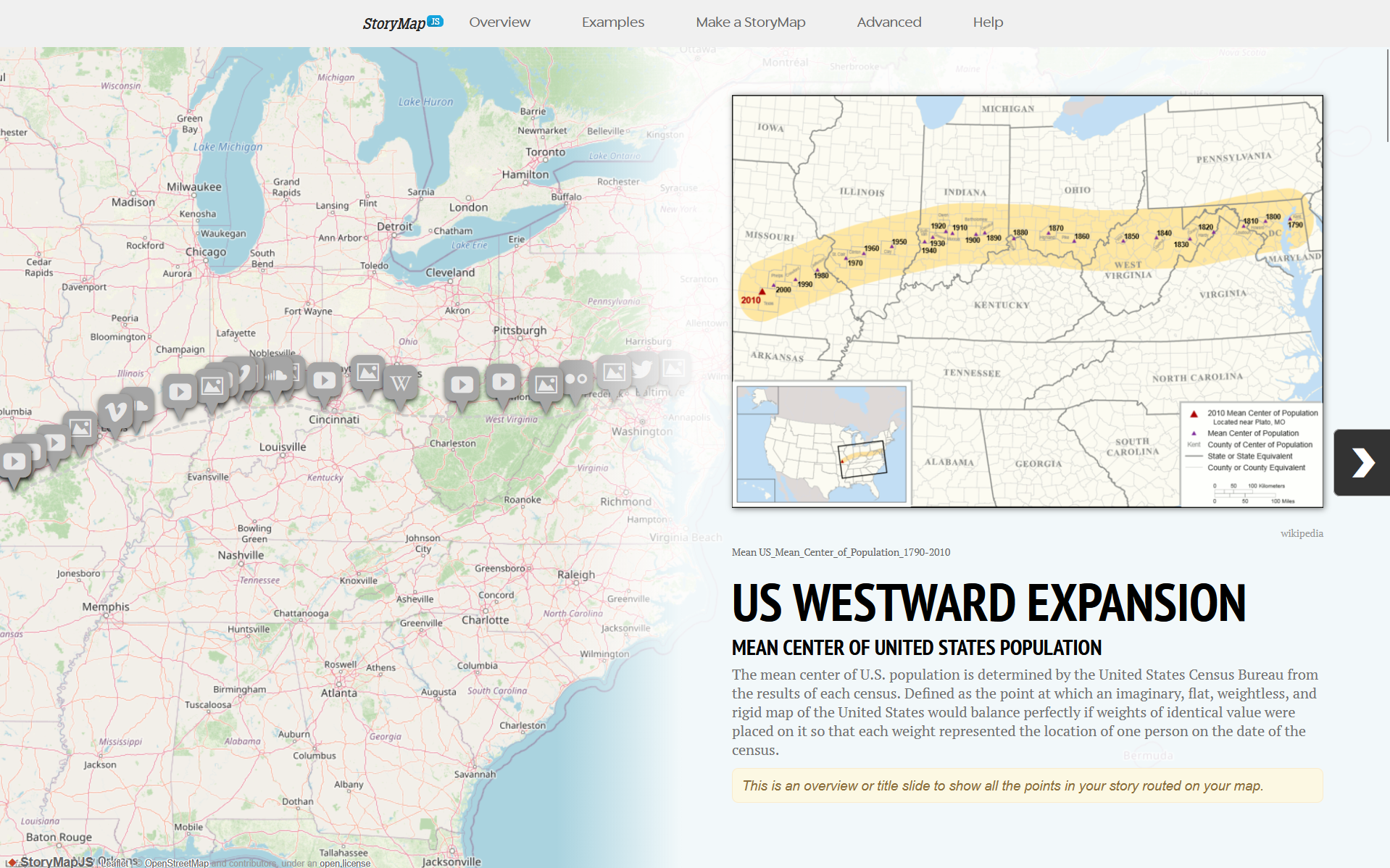 StoryMap showing the US westward expansion from 1790 to 2010, with a timeline and an inset map of the US, highlighting population center shifts over time.