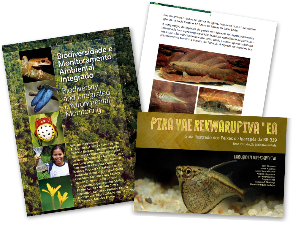 A collection of three illustrated informational book covers and pages about biodiversity, environmental monitoring, and fish species, with images of fish and environmental scenes.