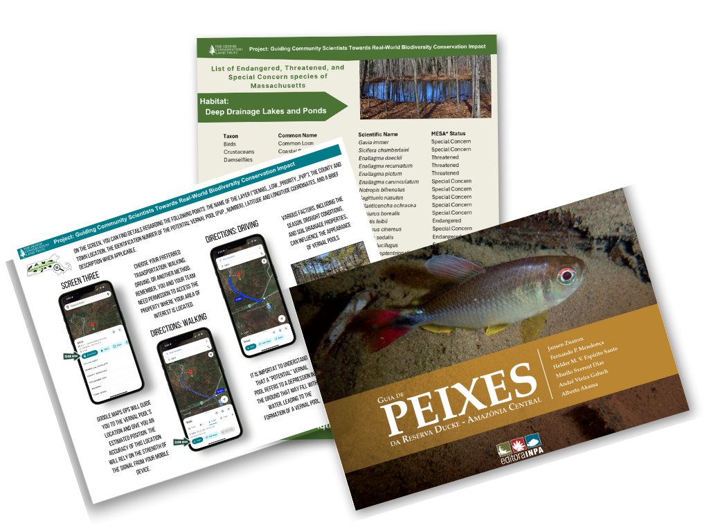 A fish guidebook with an image of a fish on the cover, a green informational sheet about endangered species in Massachusetts, and a tutorial showing how to use a personalized maps.