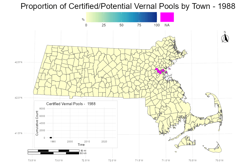 Animated map of Massachusetts showing the proportion of certified and potential vernal pools between 1988 and 2024, with an inset graph depicting the cumulative count of certified vernal pools over time, and a color key indicating percentage levels.