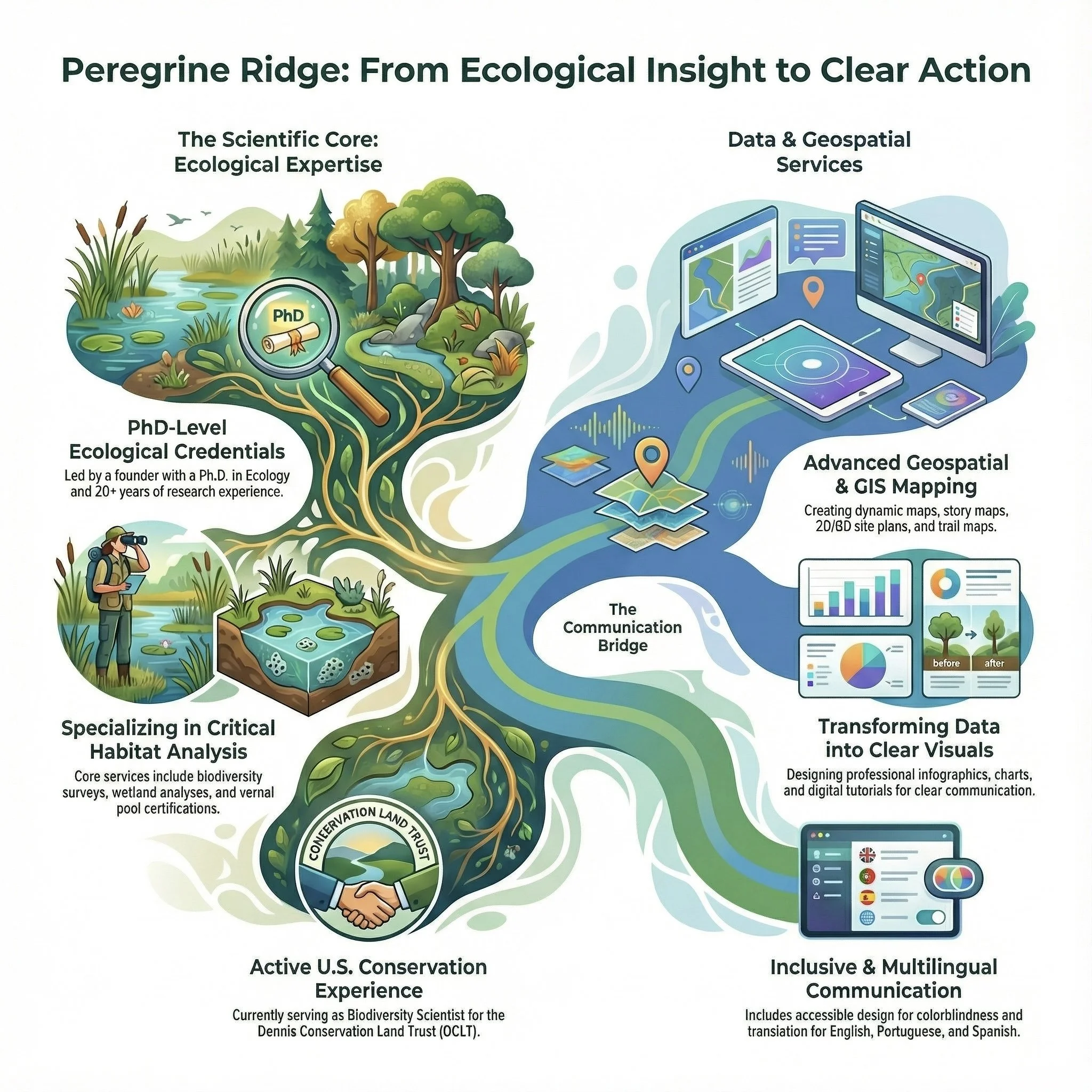 Infographic illustrating Peregrine Ridge's ecological and geospatial services, including habitat analysis, conservation experience, data mapping, visual communication, and multilingual communication.