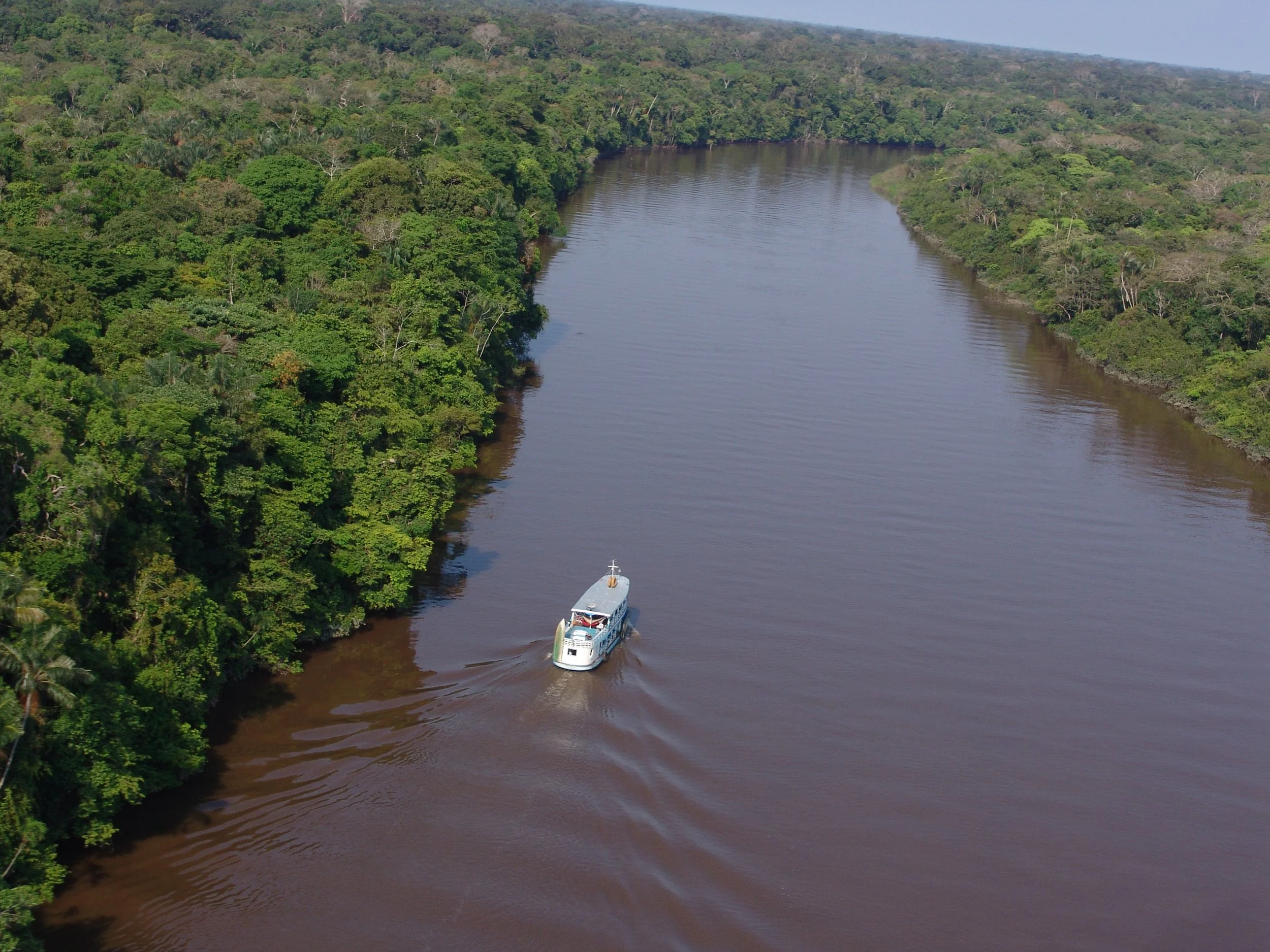 A boat sailing on a wide river surrounded by dense, green jungle on both sides.