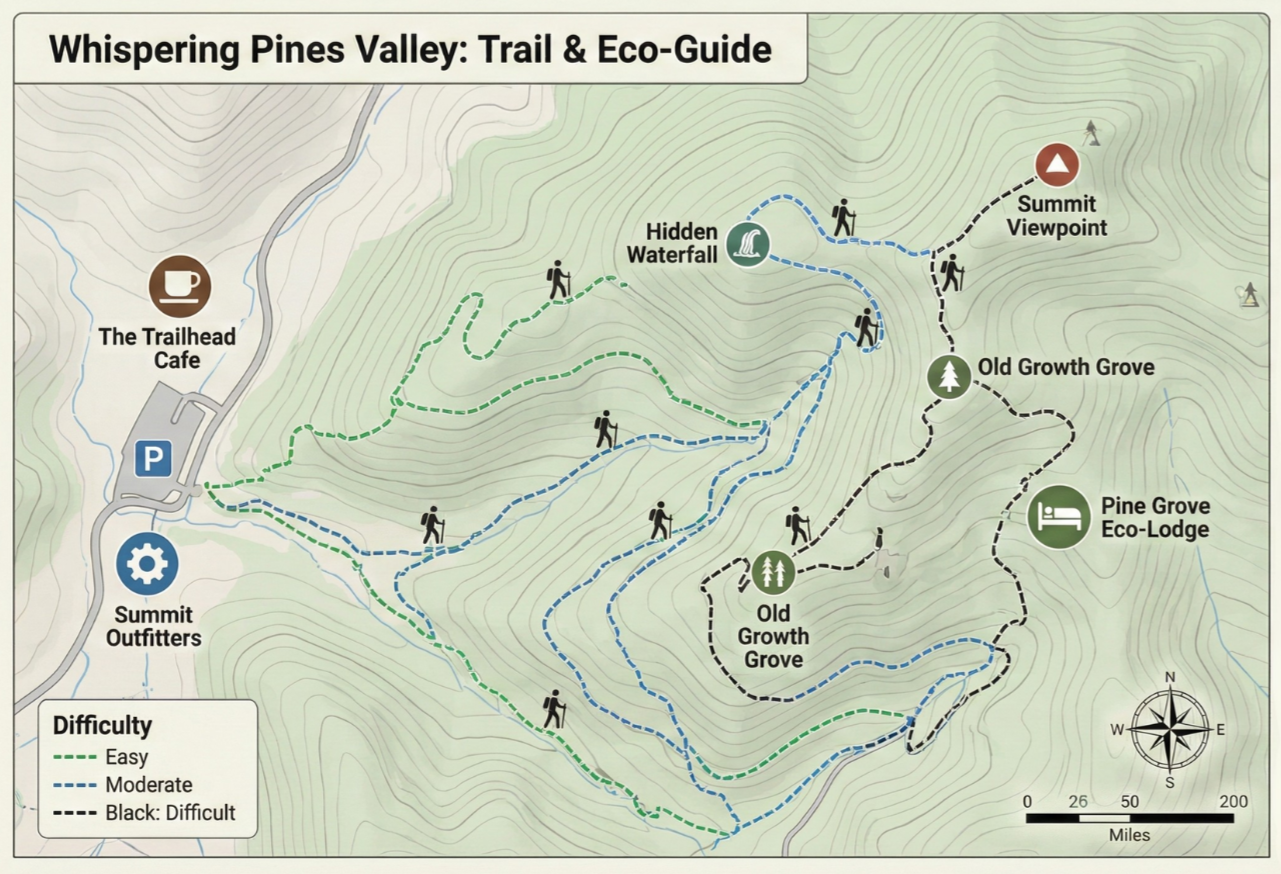 Map of a Trail and Eco-Guide example showing hiking trails, viewpoints, waterfalls, and landmarks, with a compass and scale for distance.