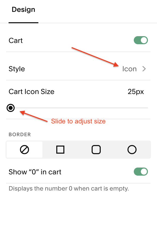Select Squarespace cart style and size