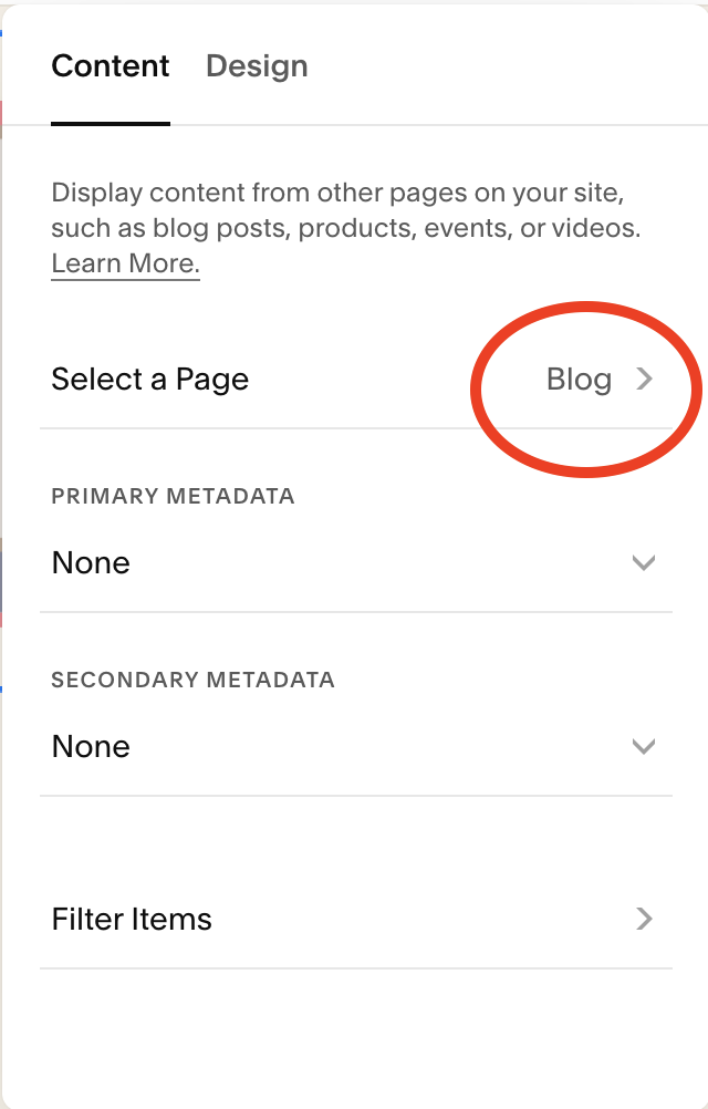 Select the blog page for your summary block