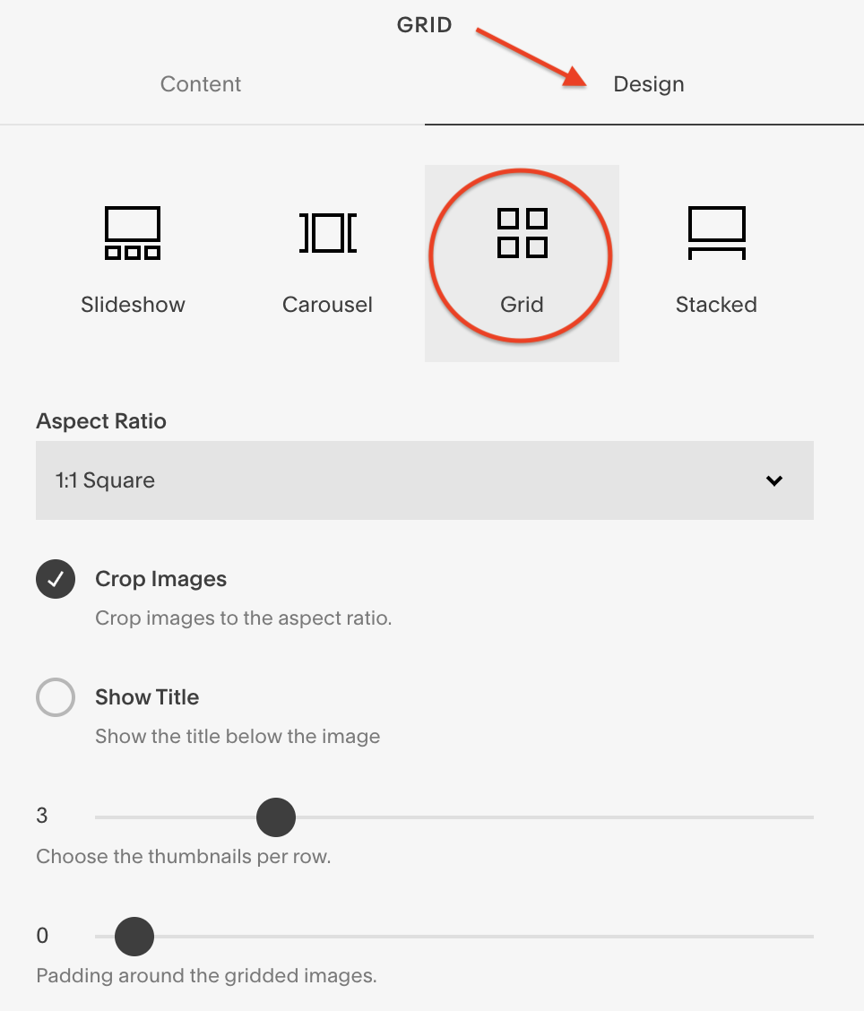Squarespace's gallery grid block option