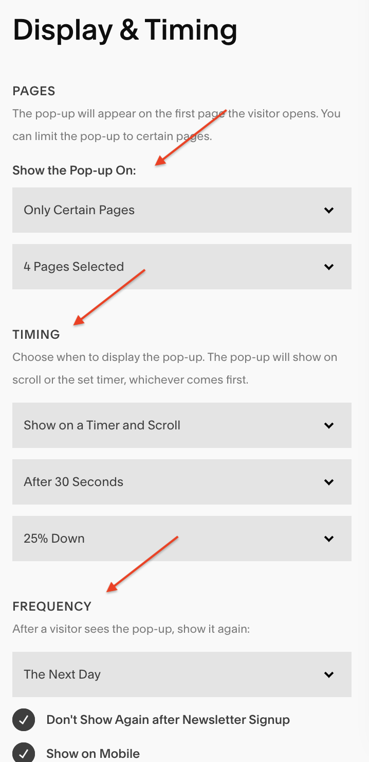 Pop-up display and timing