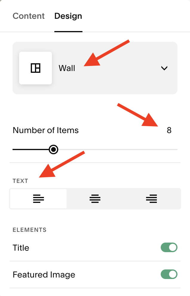 Select "Wall," Choose # of items, and decide how you want to align the text in you summary block