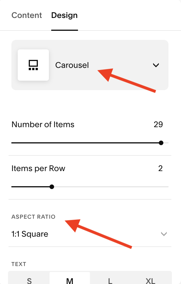 Choose carousel, number of items, items per row, and aspect ratio