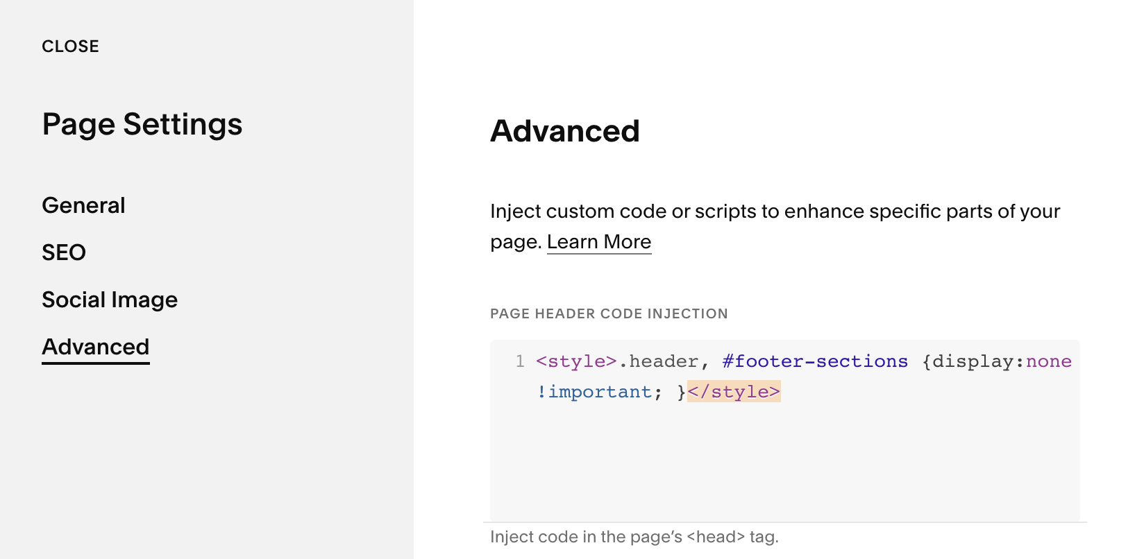 Page header code injection