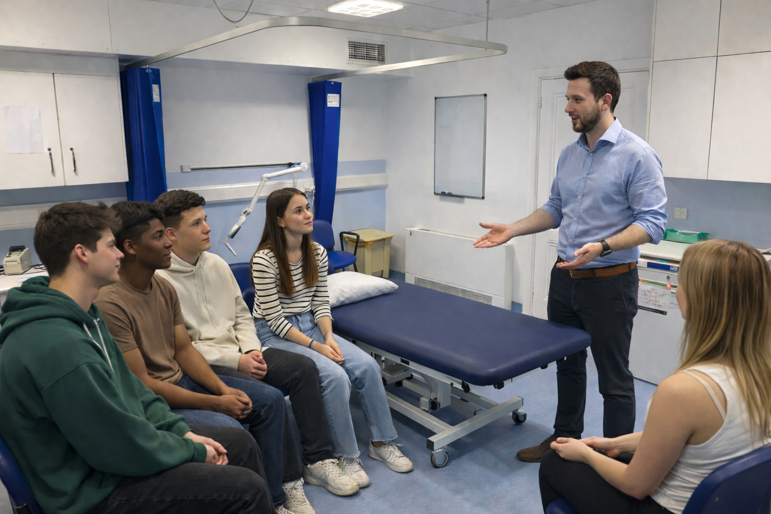 A male instructor giving a lecture or demonstration to a group of five teenagers seated in a classroom or medical training room, with medical equipment and a whiteboard in the background.