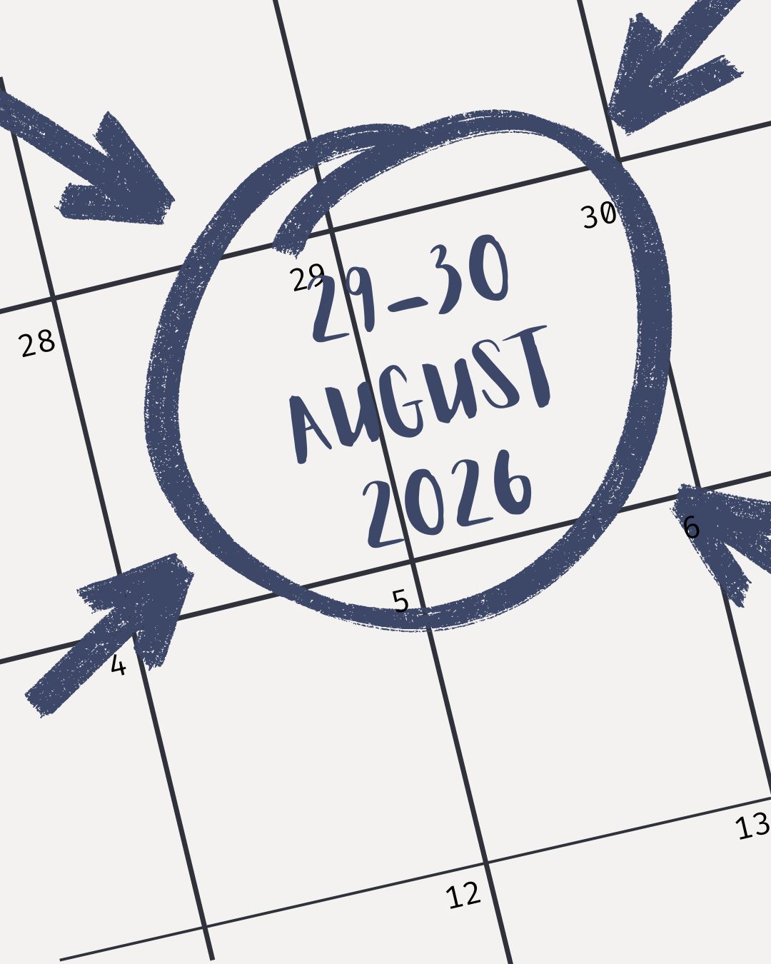 A calendar page for August 29 to 30, 2026, with handwritten style text and blue arrows pointing to the dates