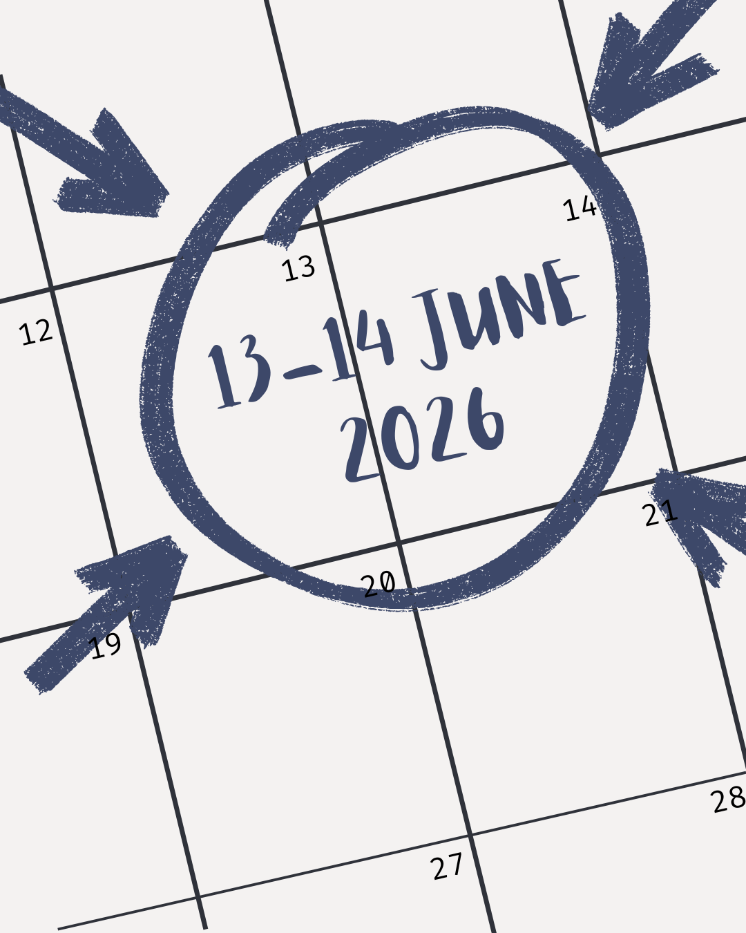 A calendar page showing the dates from June 13 to June 14, 2026, with handwritten text and arrows pointing to June 13-14.