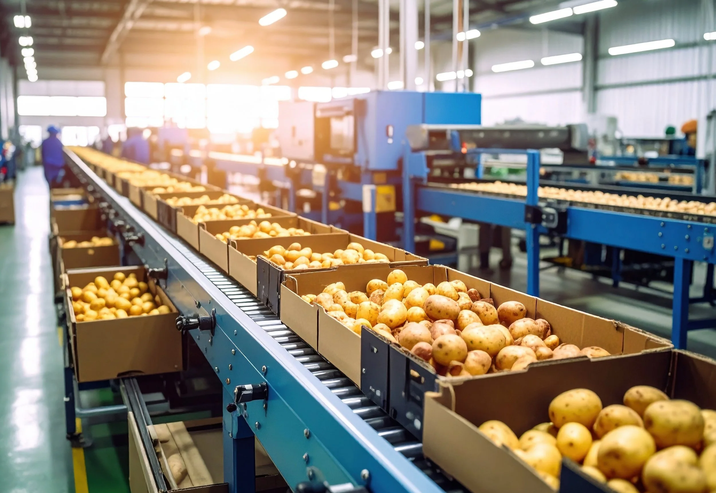 Inside a factory or warehouse, conveyor belts move potatoes for processing, with workers and industrial equipment visible in the background.