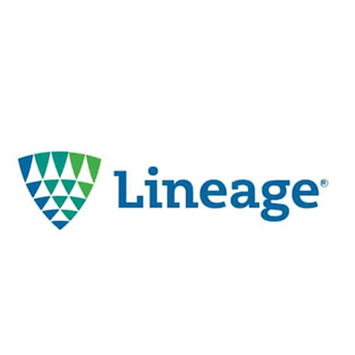 Lineage logo with a shield made of green and blue geometric triangles and the word 'Lineage' in blue text.