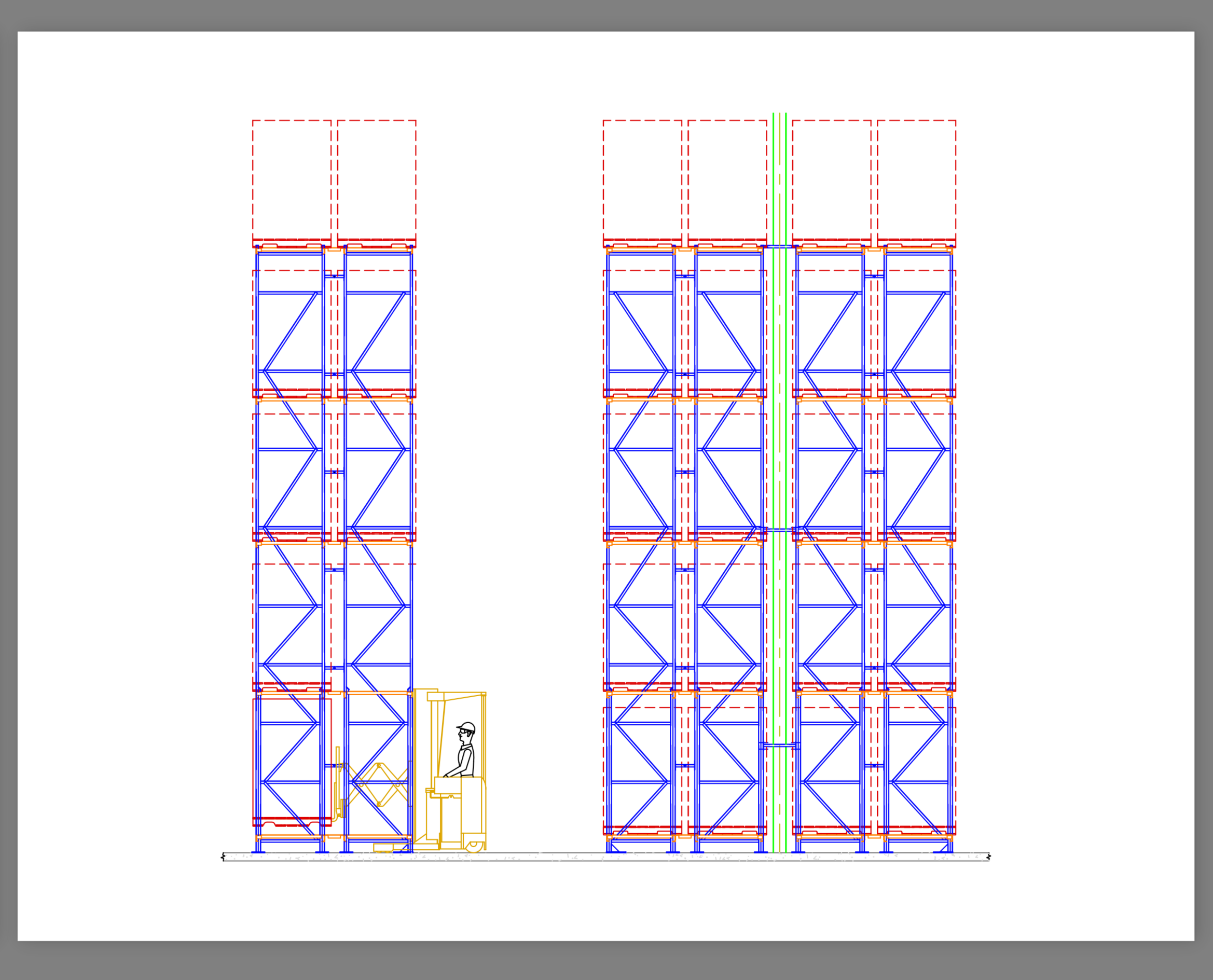Technical drawing of double deep reach selective pallet racking.