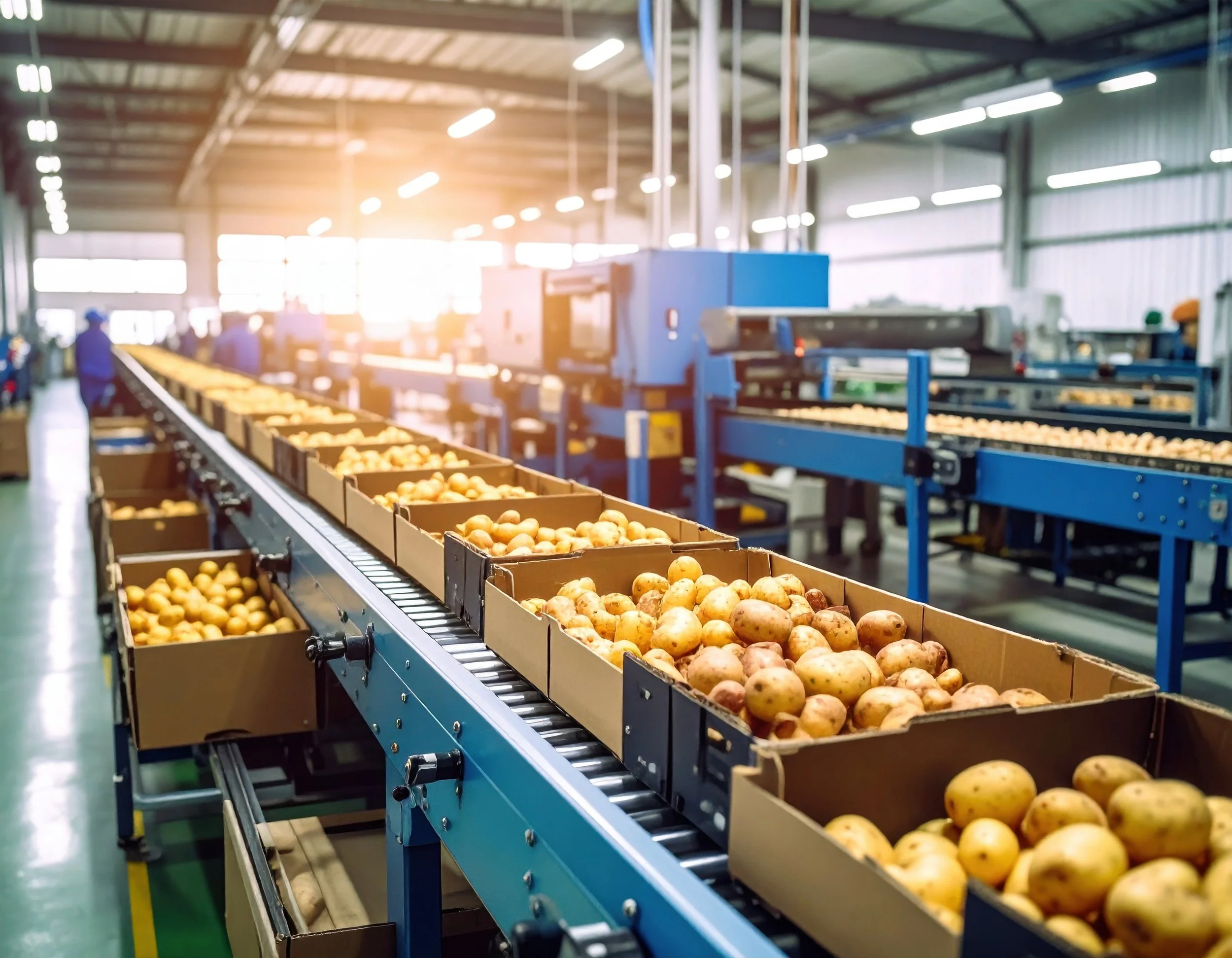 A conveyor belt in an industrial facility with boxes of potatoes moving along a production line. In the background, there are workers and machinery, illuminated by bright overhead lights inside a large warehouse.