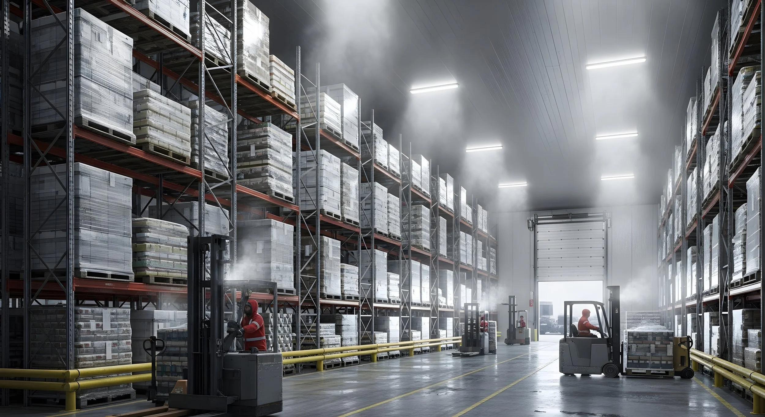 Inside a large warehouse with tall shelves filled with pallets of materials.