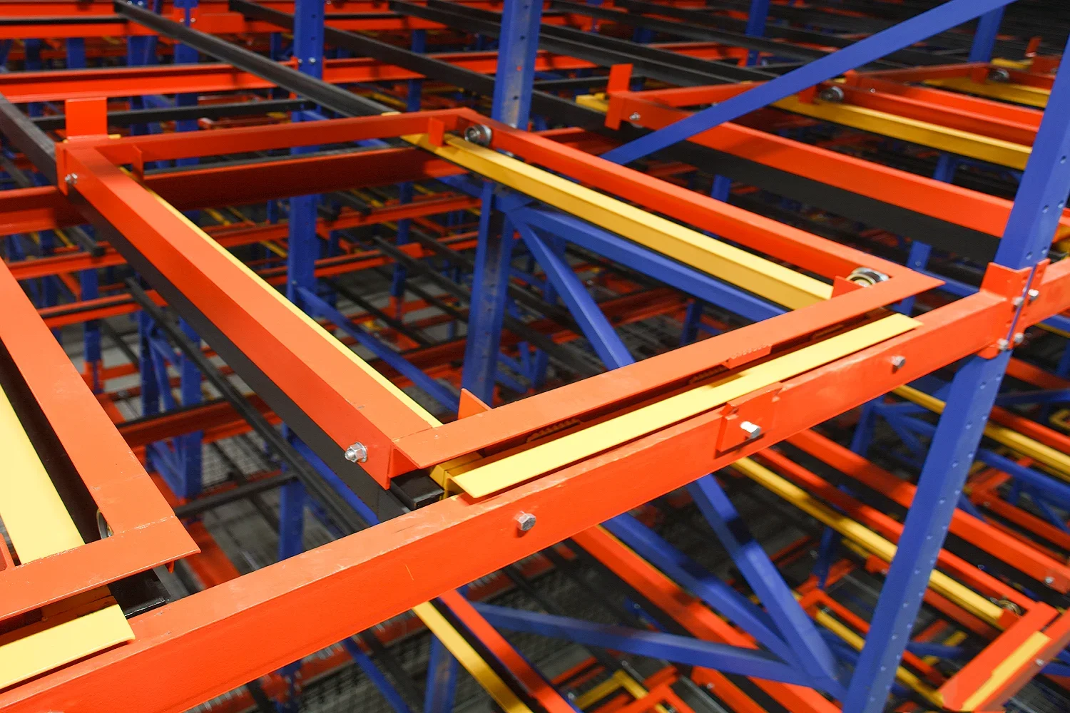 Colorful pushback racks.