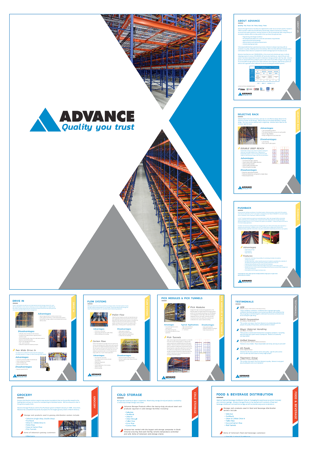 Brochure for Advance Storage Products warehouse racking systems with images of storage racks and product information sections.