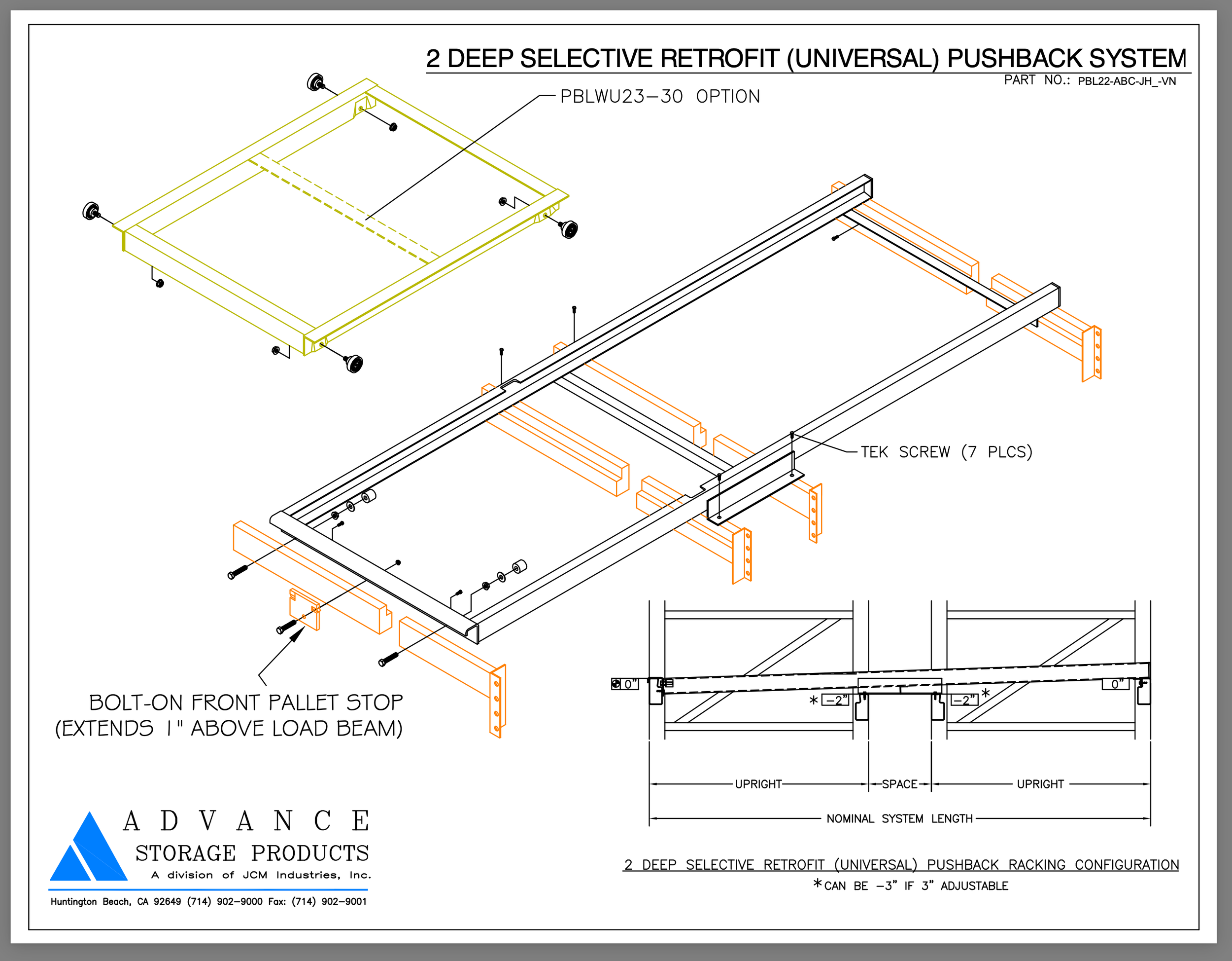 Technical engineering drawing of a deep selective retrofit pushback system, showing components such as load beams, load pallet stops, and mounting hardware, with annotations including part numbers and dimensions.