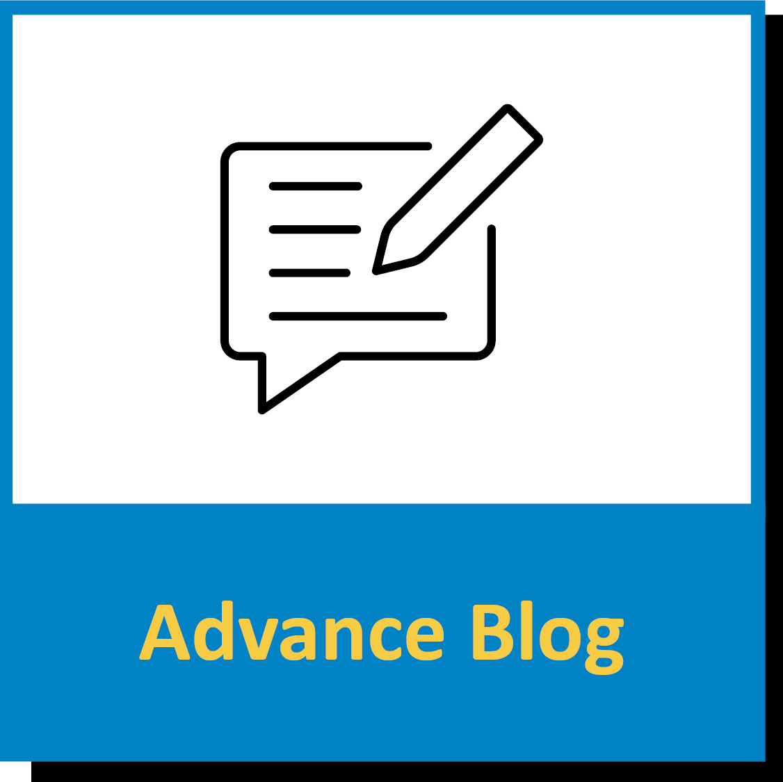 Icon of a speech bubble with text reading 'Advance Blog.'